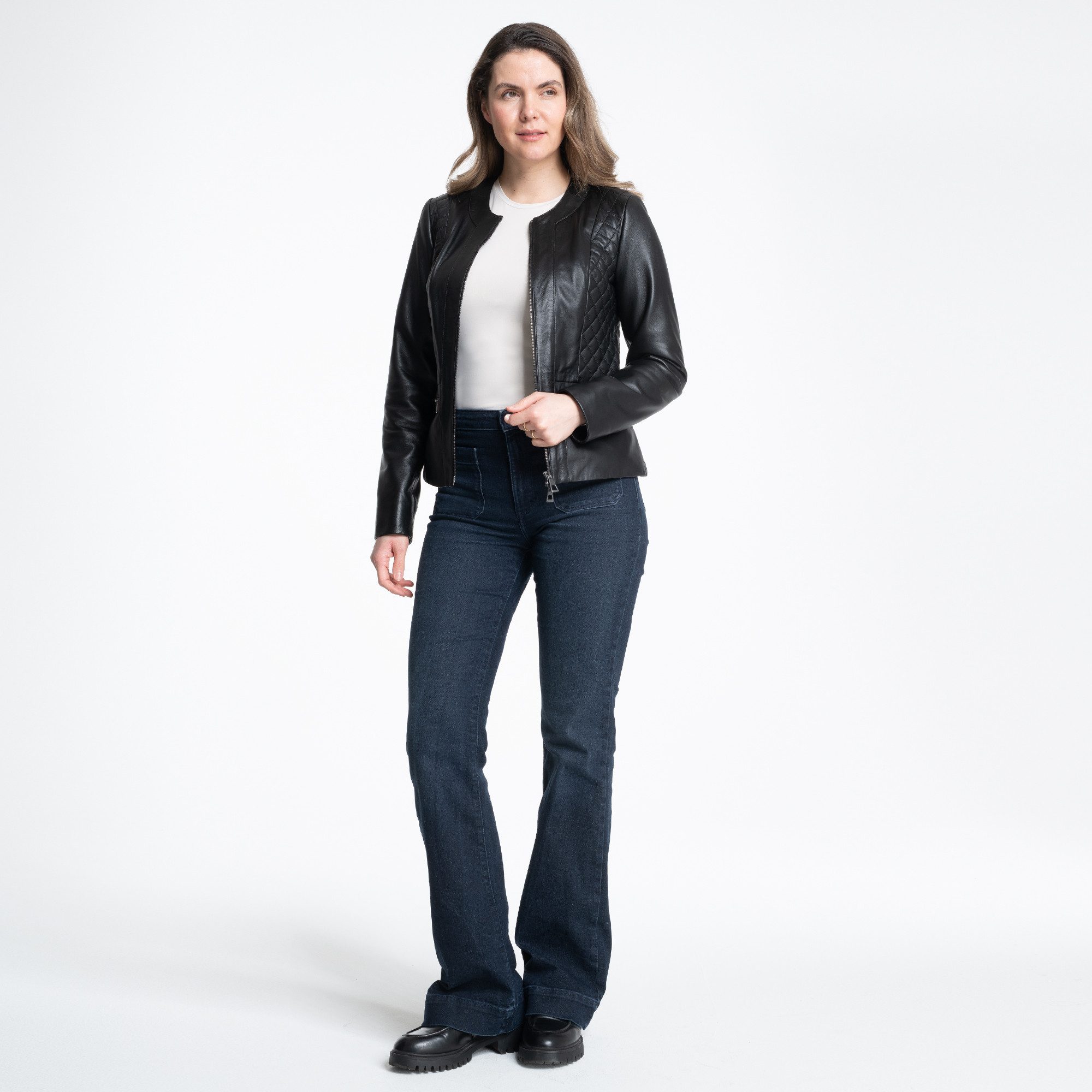 Mouflon Lederjacke Mila Aus feinem Echtleder 2-Wege-Zipper Rautenmuster runder Ausschnitt