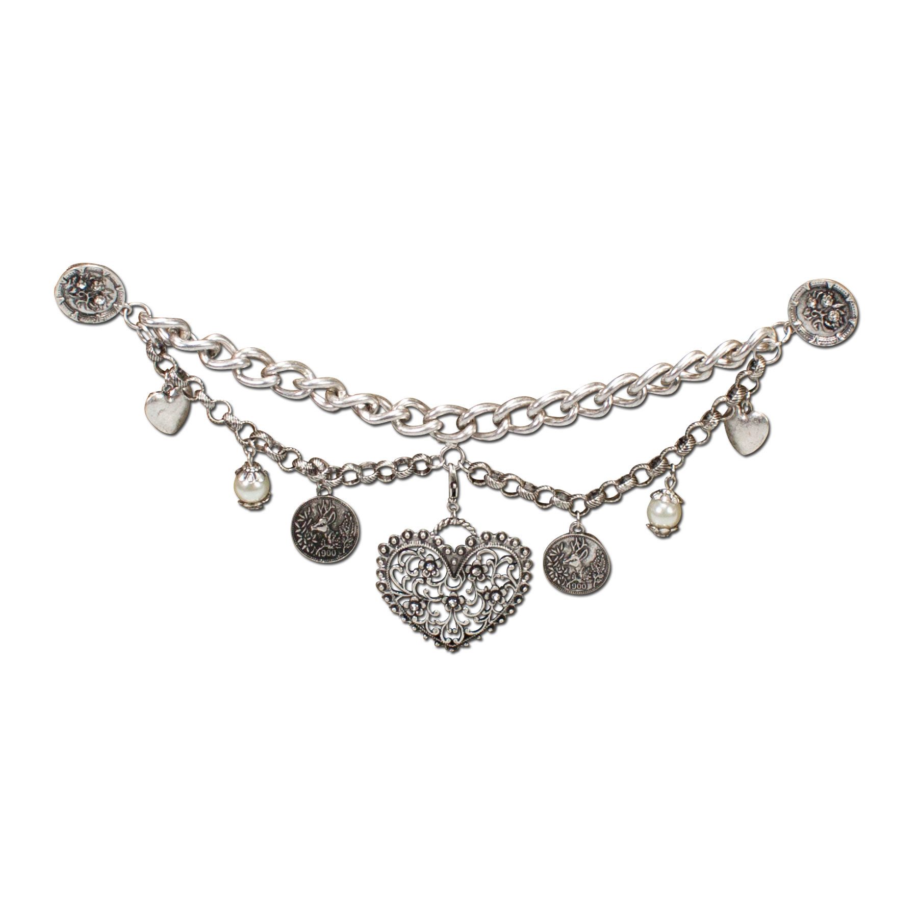 Alpenflüstern Kette mit Anhänger Dirndl-Charivari Leonie mit Pin-Verschluss (antik-silber-farben), - Hochwertiger Damen-Trachtenschmuck mit Trachtenherz und Trophäen-Anh