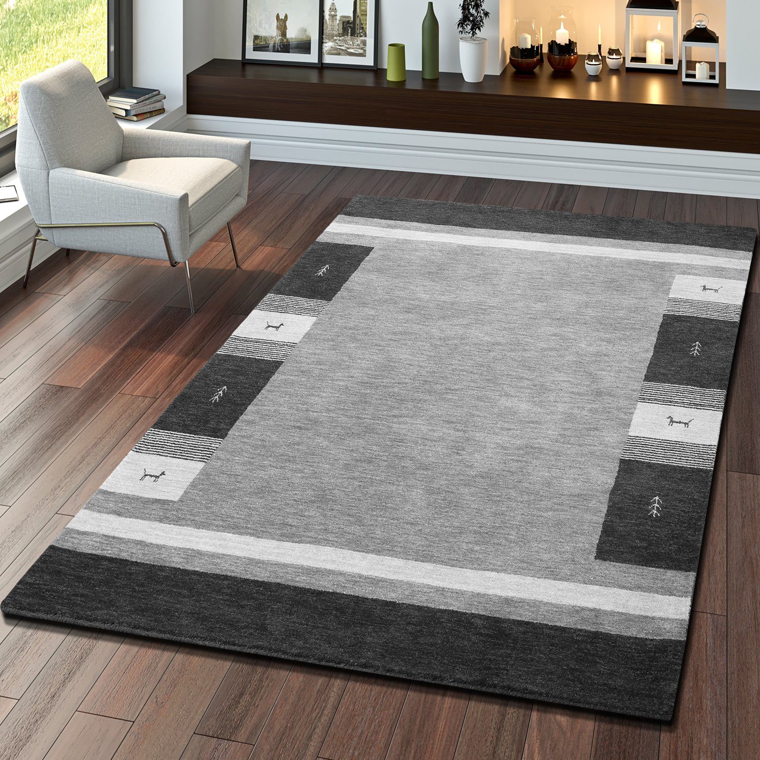 Teppich Indischer Gabbeh Handgefertigt Qualität Wolle Meliert Borde In Grau,  TT Home, rechteckig, Höhe: 13 mm