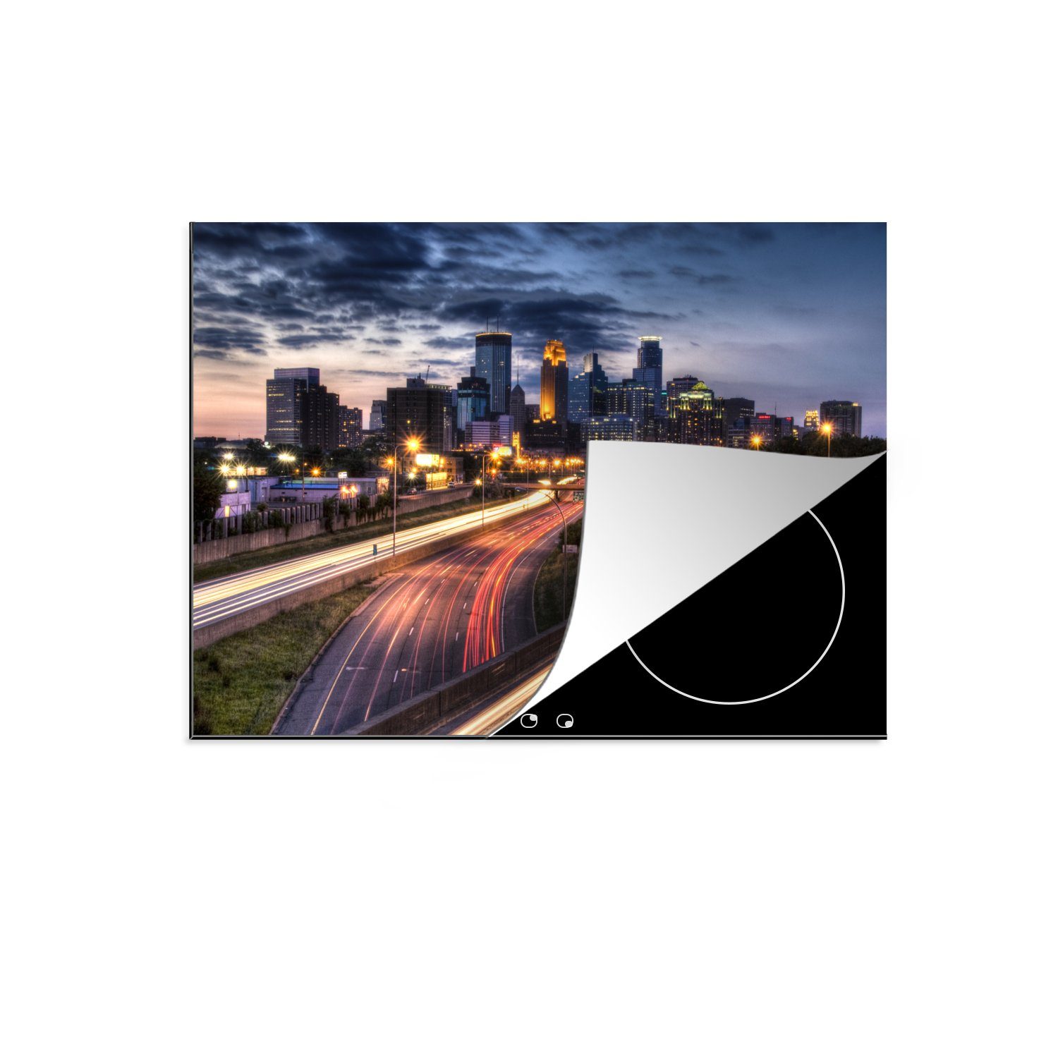 MuchoWow Herdblende-/Abdeckplatte Belebte und beleuchtete Straßen in der Nähe von Minneapolis, USA, Vinyl, (1 tlg), 71x52 cm, Induktionskochfeld Schutz für die küche, Ceranfeldabdeckung