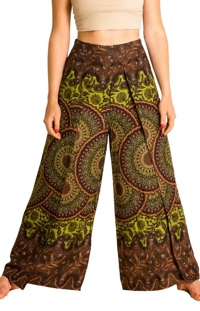PANASIAM Palazzohose Hosenrock Sunshine Mandala-Muster aus natürlicher Viskose bequeme Boho Wickelhose Culotte Palazzohose mit weitem Bein für Urlaub oder Alltag
