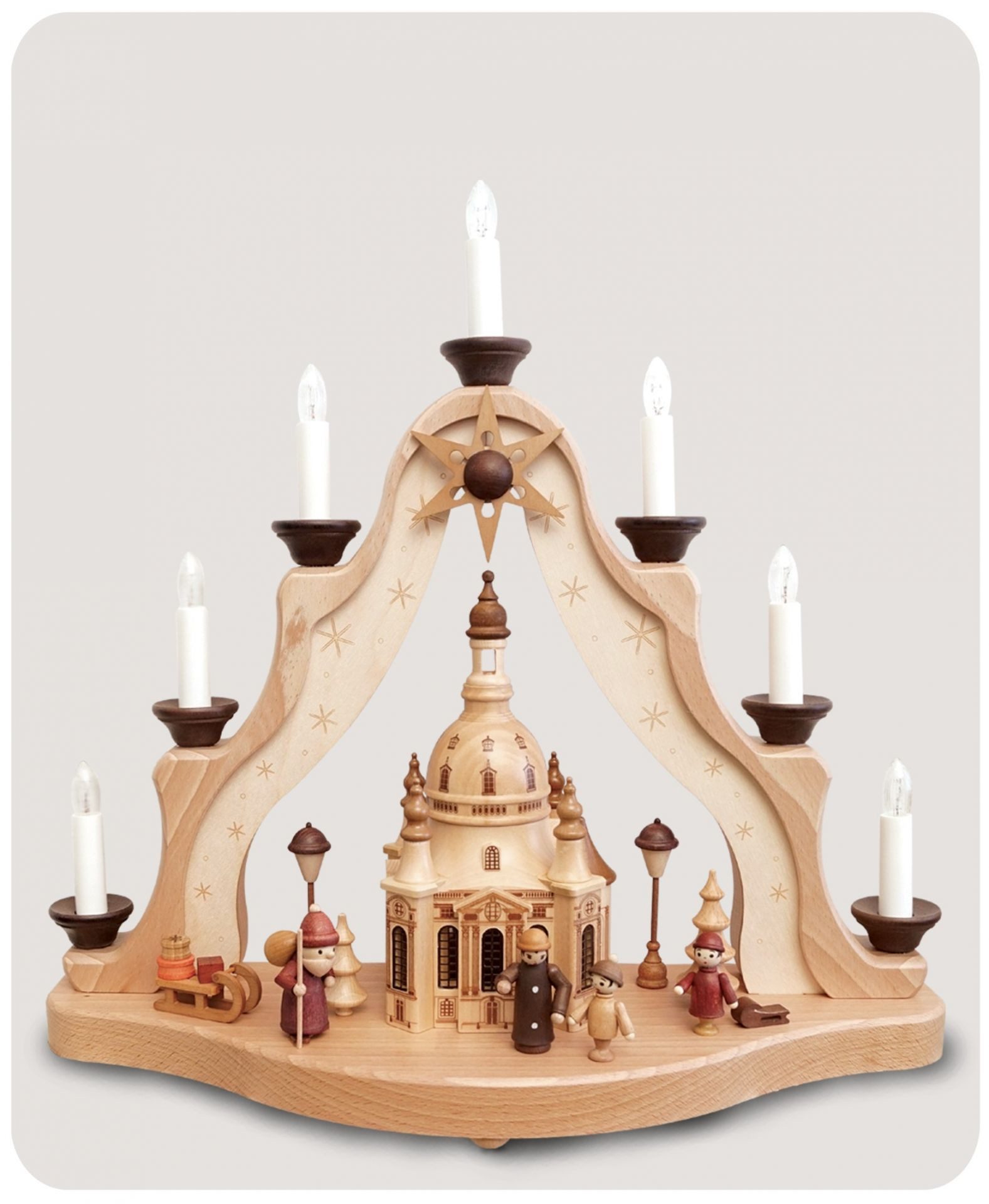 Schwibbogen Spitze mit Dresdner Frauenkirche, 7 Kerzen Erzgebirge Weihnachten