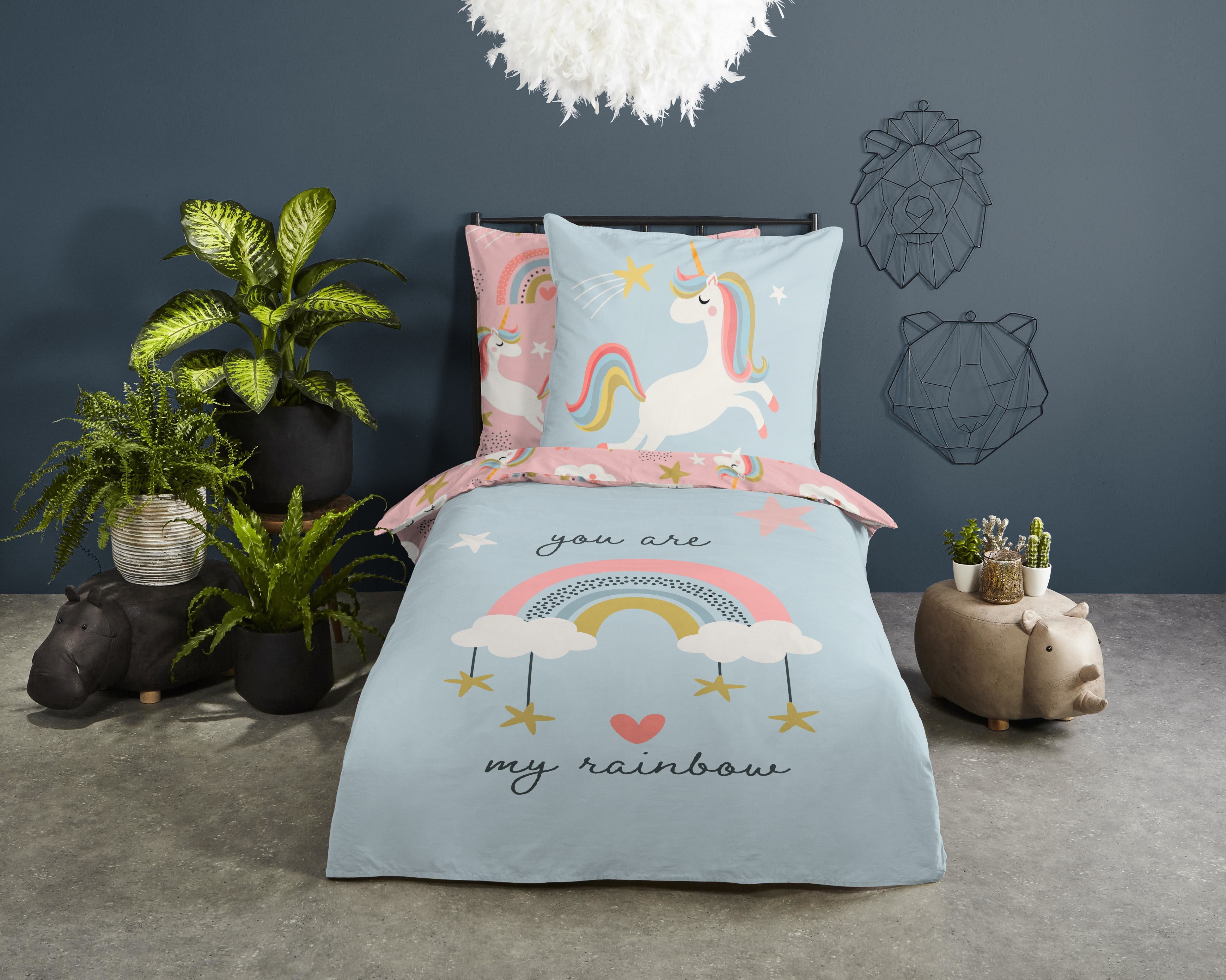 good morning Kinderbettwäsche Suus, Renforcé, 2 teilig, Baumwolle, Renforcé, Baby, Kind, Mädchen, Einhorn, Regenbogen, Rosa – Bild 2 von 4