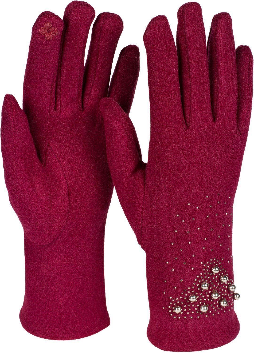 styleBREAKER Fleecehandschuhe Touchscreen Handschuhe und Strass Perlen mit Bordeaux-Rot