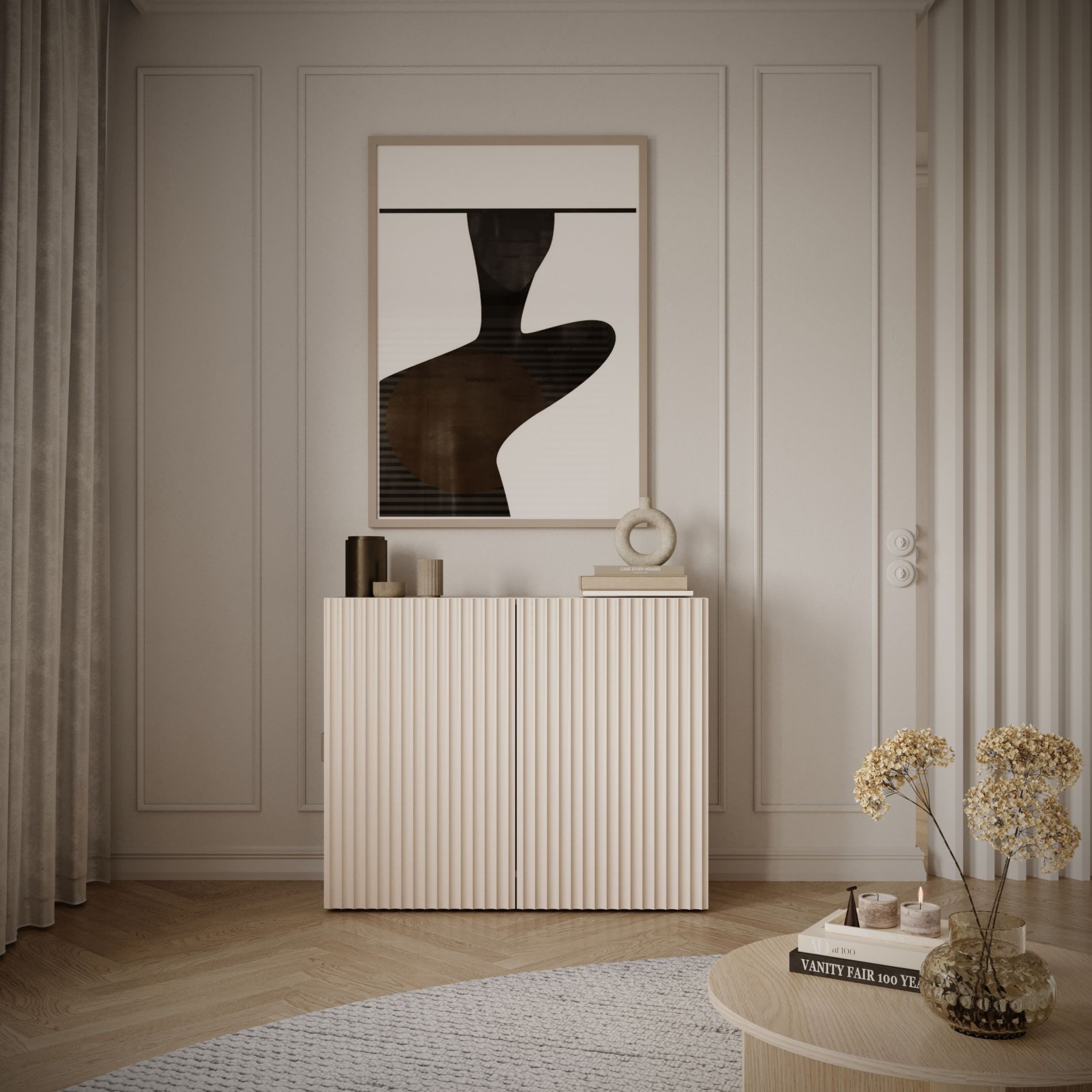 Selsey Sideboard SUNDS, Sideboard in Kaschmirbeige mit Lamellenfront & Push-to-Open