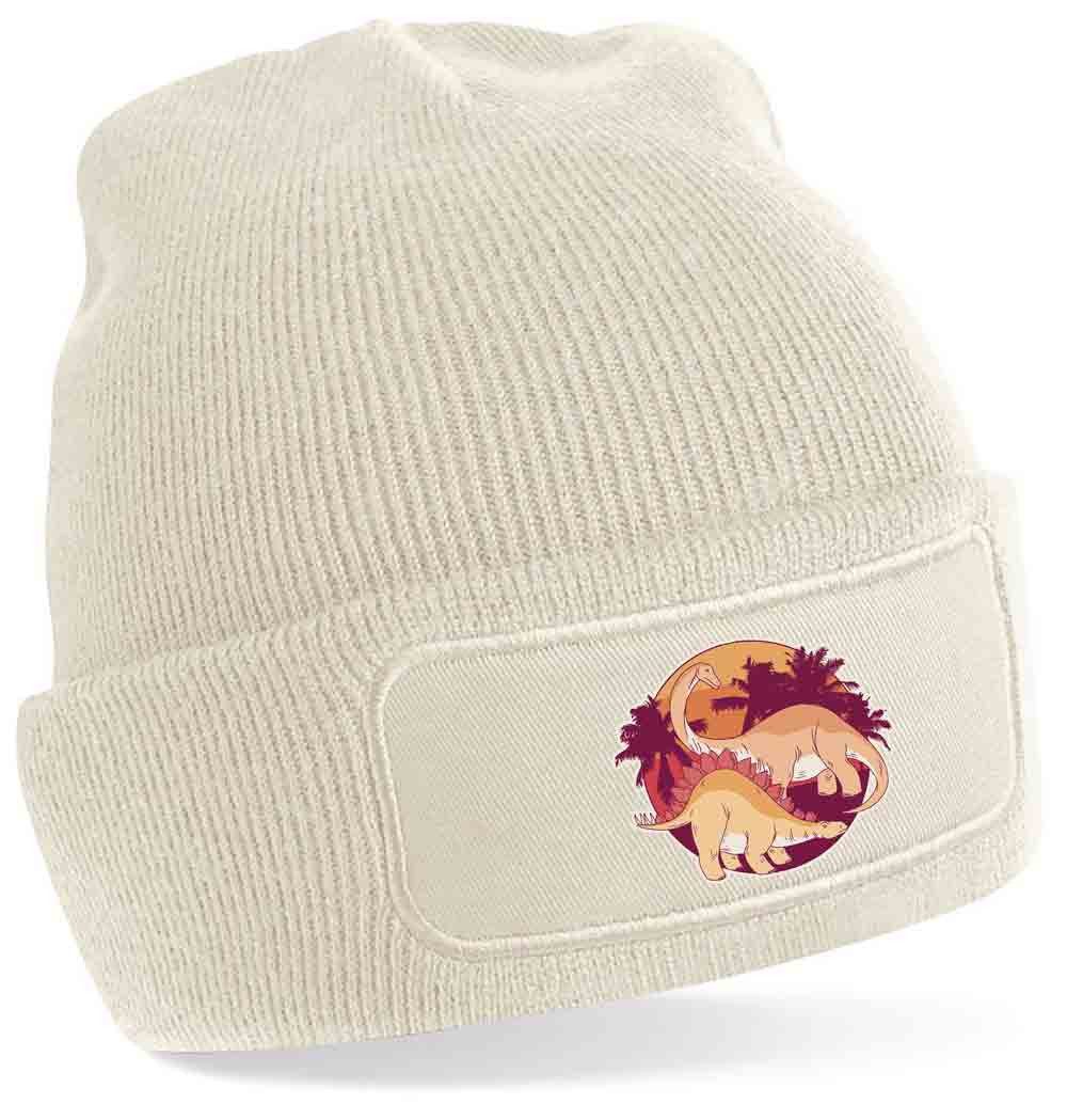 Strickmütze für kalte Tage - Beanie mit Umschlag und Dinosaurier Print