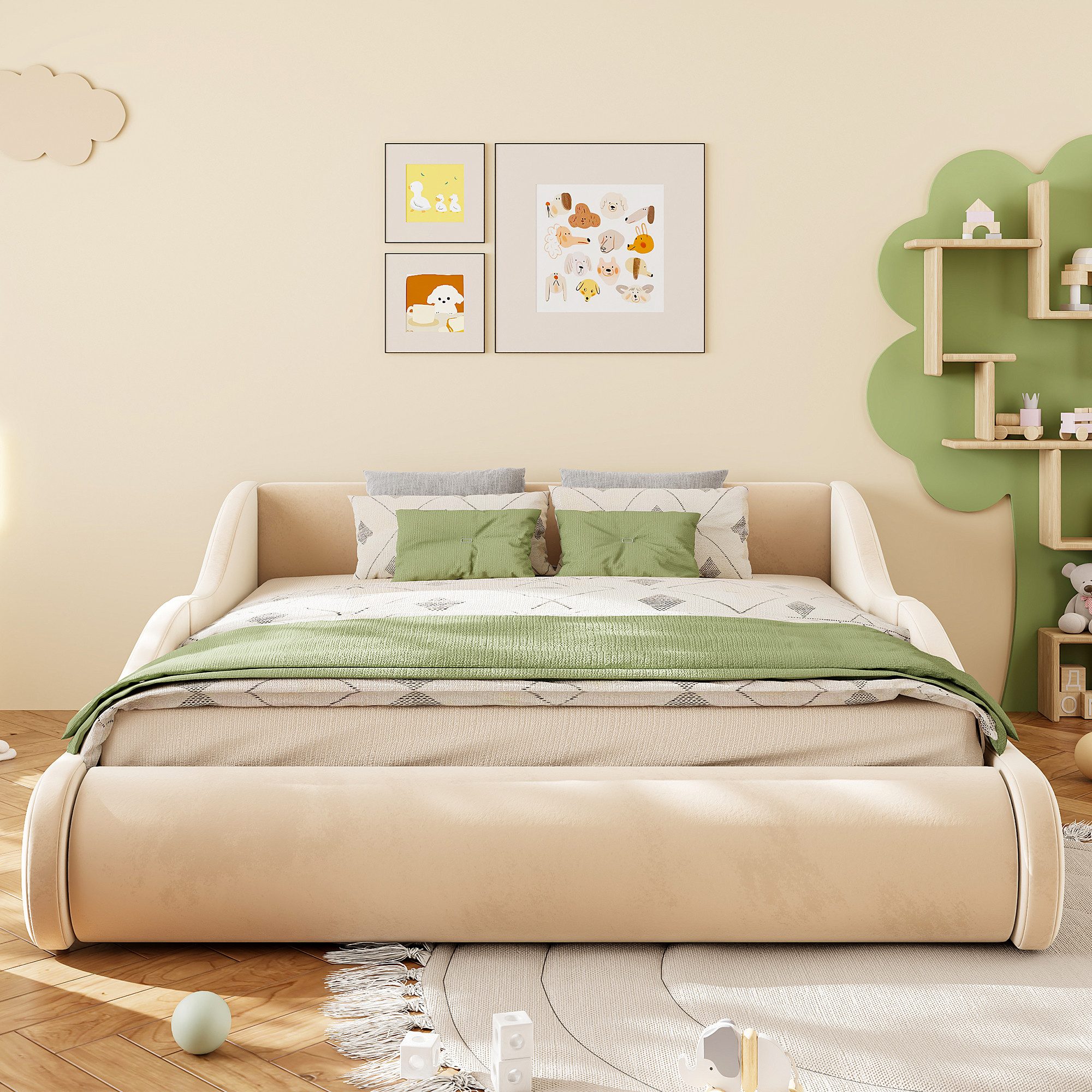 i@home Stauraumbett Polsterbett, Kinderbett 140x200 cm, Weiches Samtbett,Doppelbett (1-tlg), mit hohem Kopfteil und Seitenschutzgittern, Samtstoff, Beige