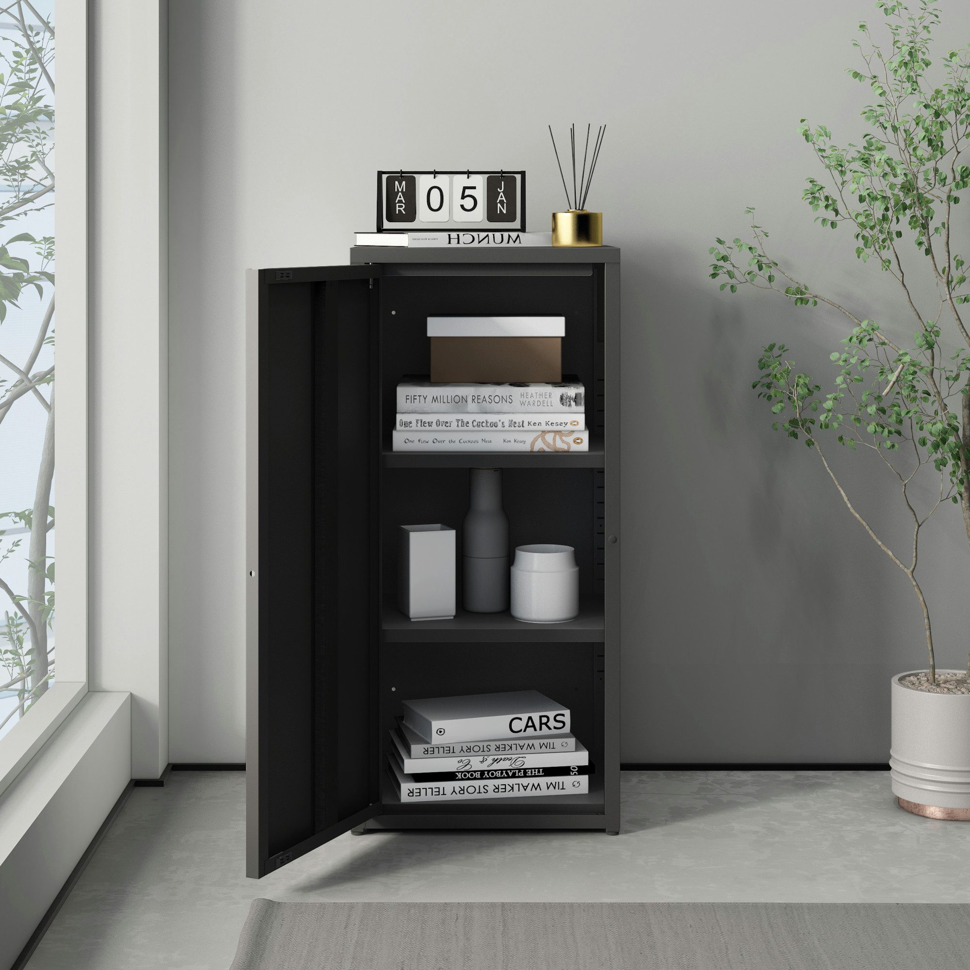 en.casa Mehrzweckschrank »Burlöv« mit 1 Tür und 2 Ablagen 88x40x35 cm Schwarz