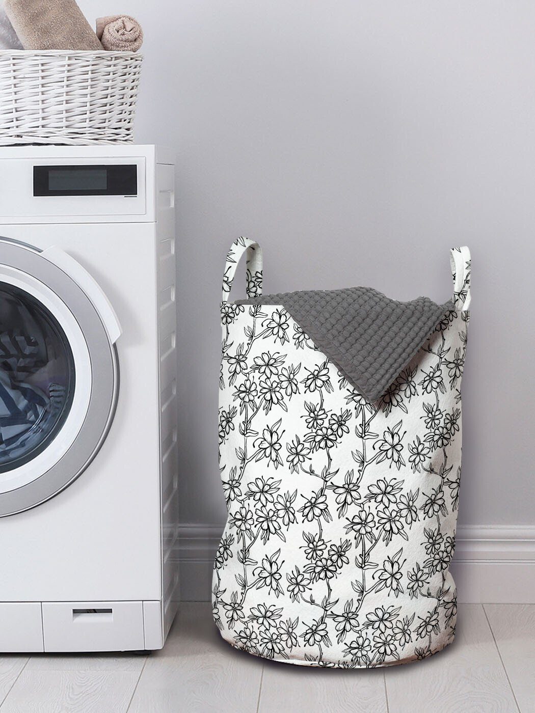 Waschsalons, Blumenweinlese Konzept Kordelzugverschluss mit Wäschekorb monochrome Wäschesäckchen Abakuhaus Griffen für
