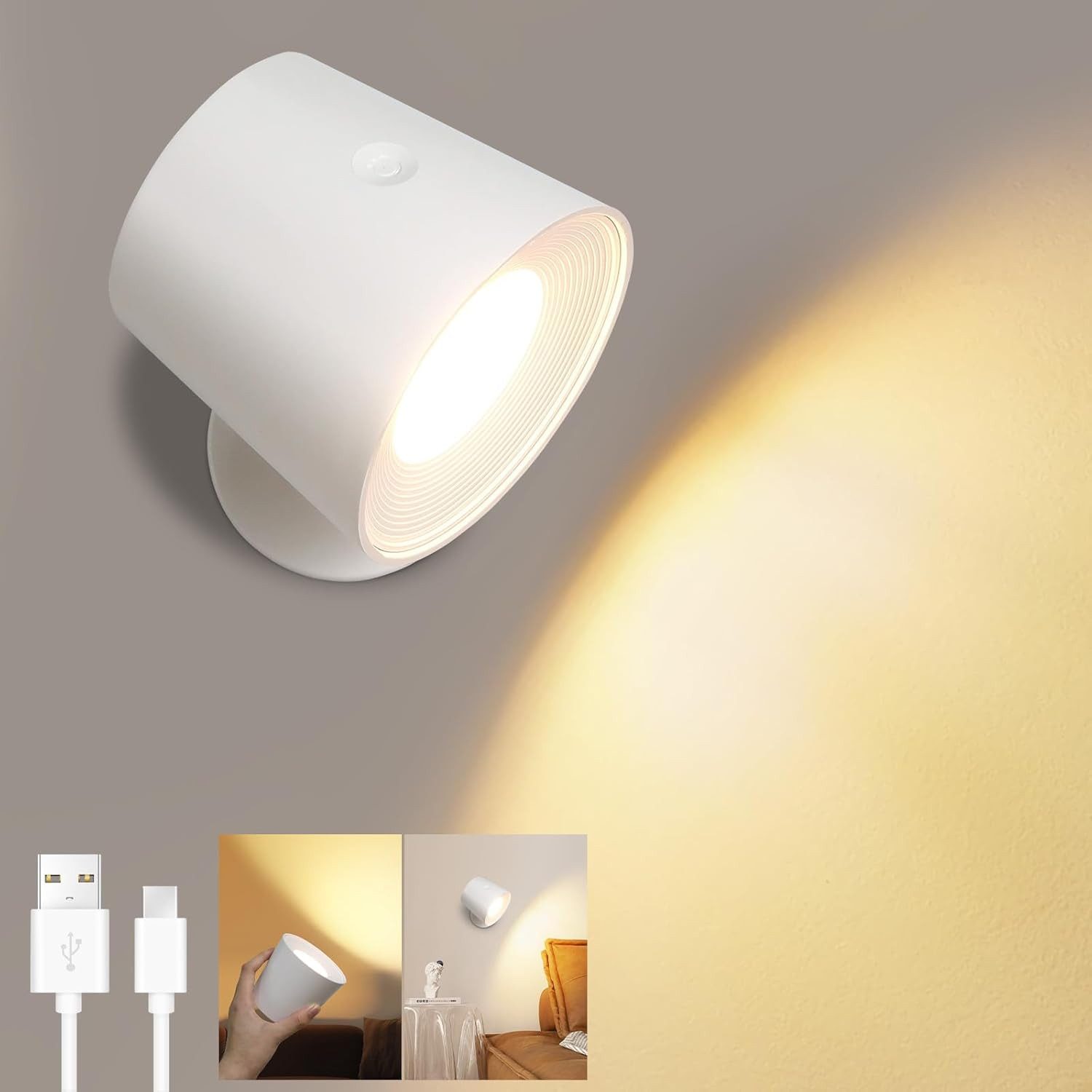 ZMH LED Wandleuchte Leselampe 360° Drehbar Wandlampe 3 Helligkeitsstufen Weiß, Augenschutz, LED fest integriert, Warmweiß-Neutralweiß-Kaltweiß, Touch Control Kabellose Wandleuchten Wohnzimmer Schlafzimmer