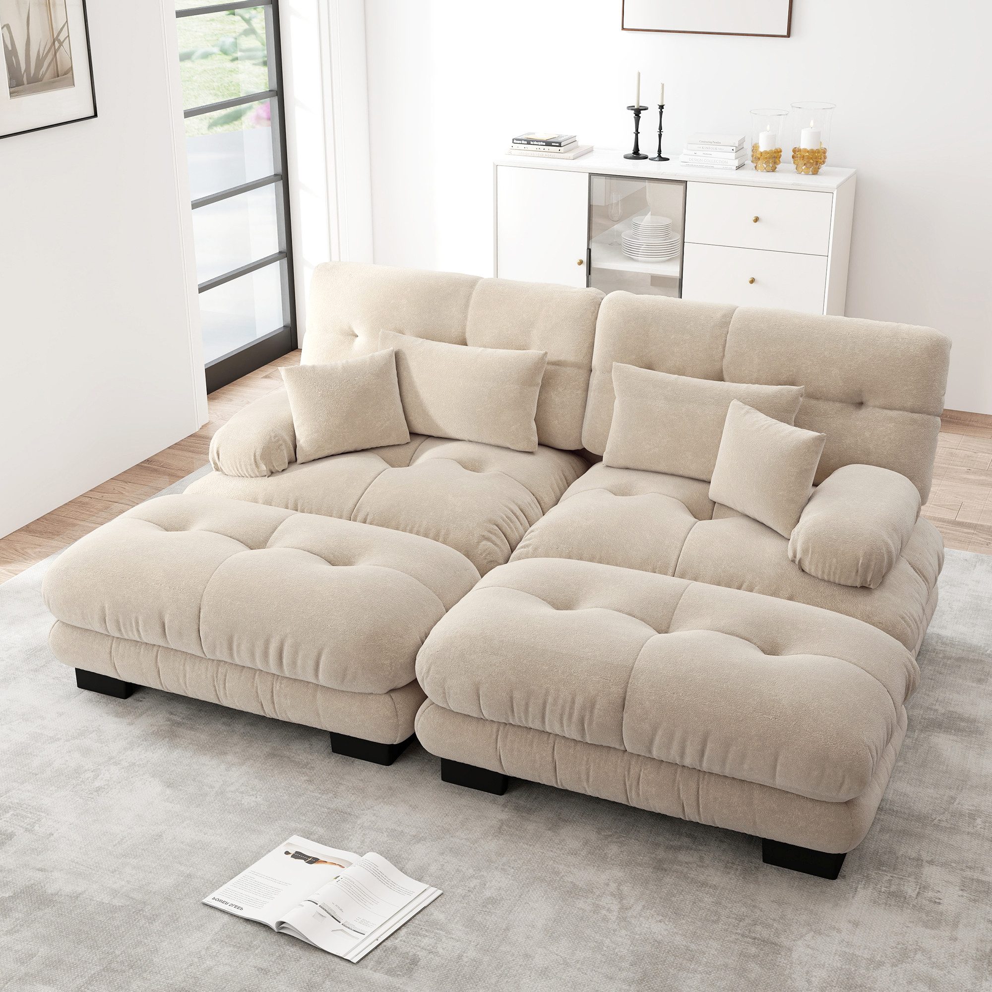 Leawin Sofa Cloud Ecksofa Chenille mit breiten Armlehnen & 2 Ottomans, Doppelsofa mit Lenden- & Dekokissen – flexibel kombinierbar