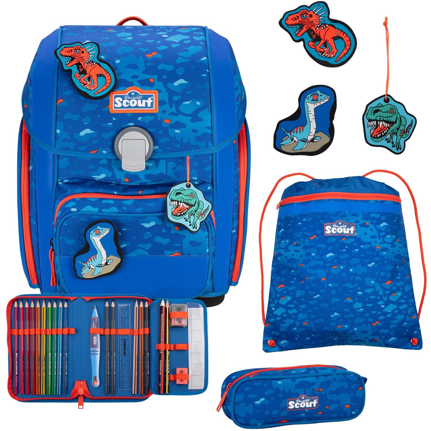 Scout Schulranzen Genius Superflash Schulranzen-Set 4 tlg. Blue Dino