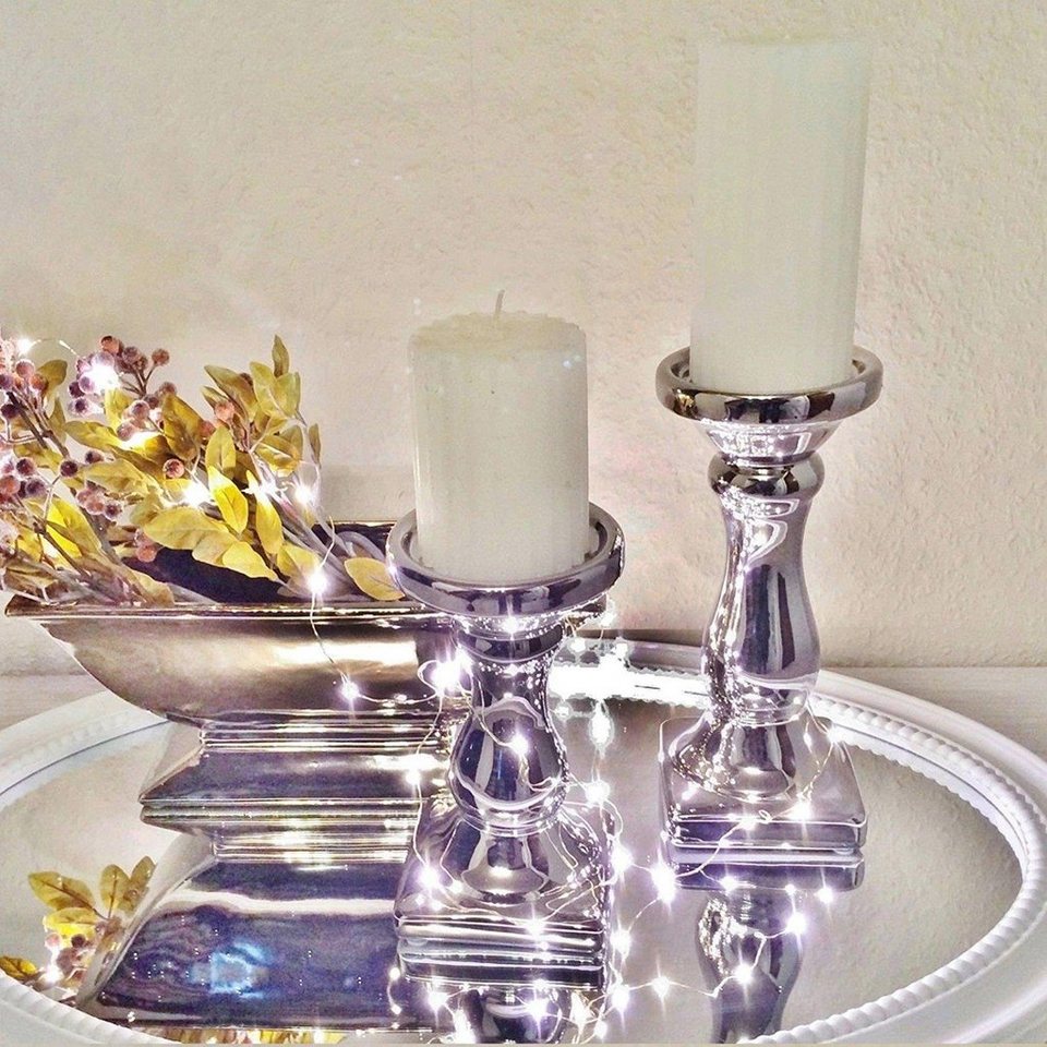 DRULINE Kerzenhalter Keramik Kerzenleuchter Kerzenständer Silber Weiß,  Lieferumfang: 1 Stück