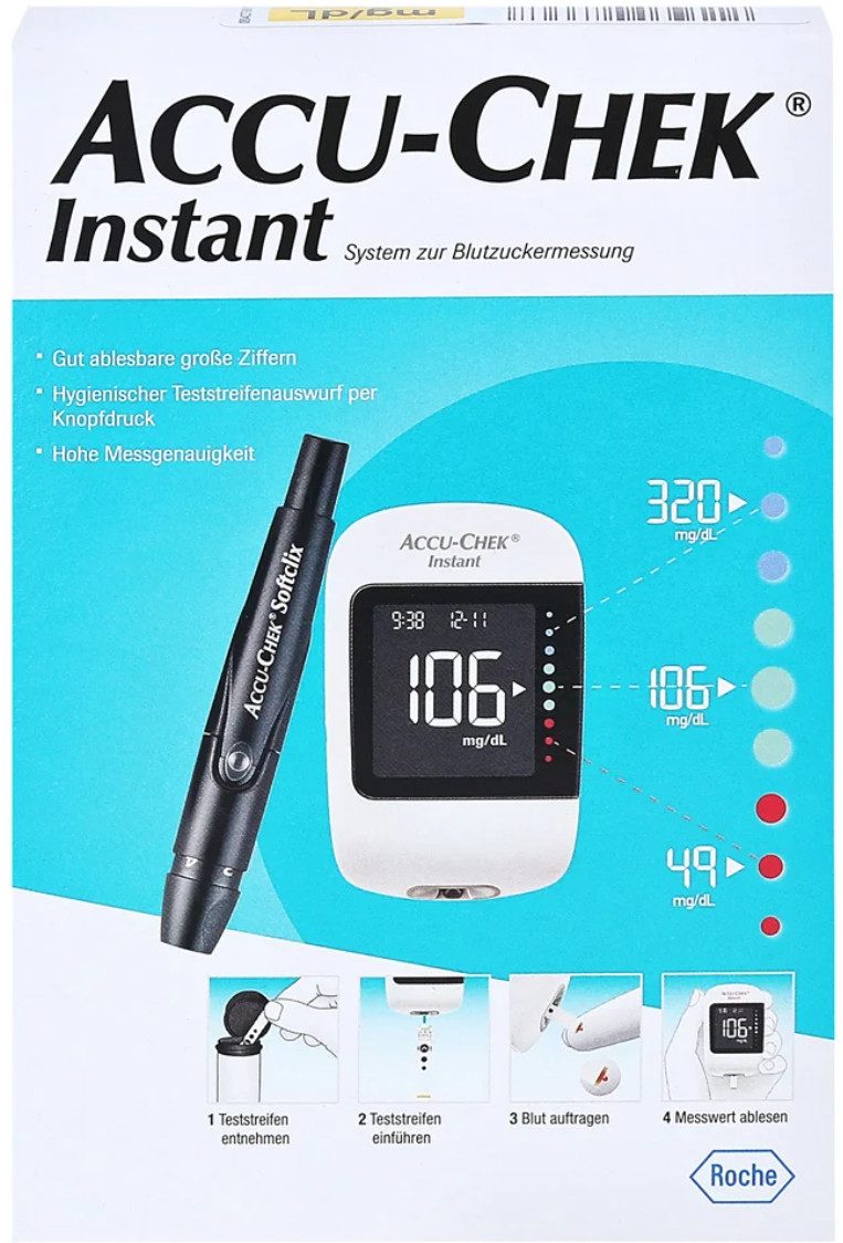 Roche Blutzuckermessgerät Accu-Chek Instant, inkl. Starterset, Hypo- und Hyperglykämie-Warnung, Diabetesüberwachung, intuitive Farbskala auf dem Display