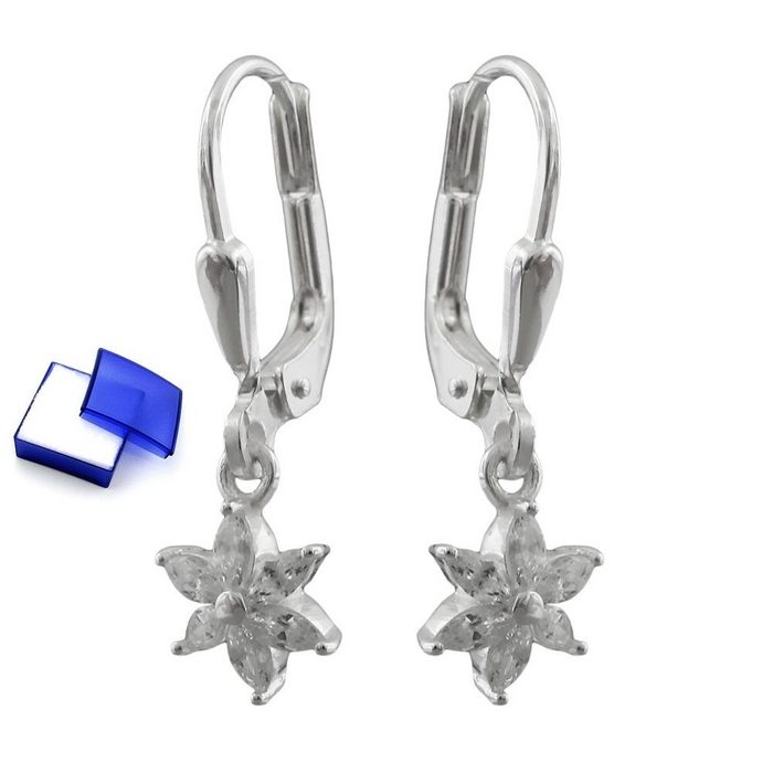 unbespielt Paar Ohrhaken Ohrringe Brisur Blume oder Stern Zirkonia 925 Silber 23 x 6 mm inklusive Schmuckbox Silberschmuck für Damen