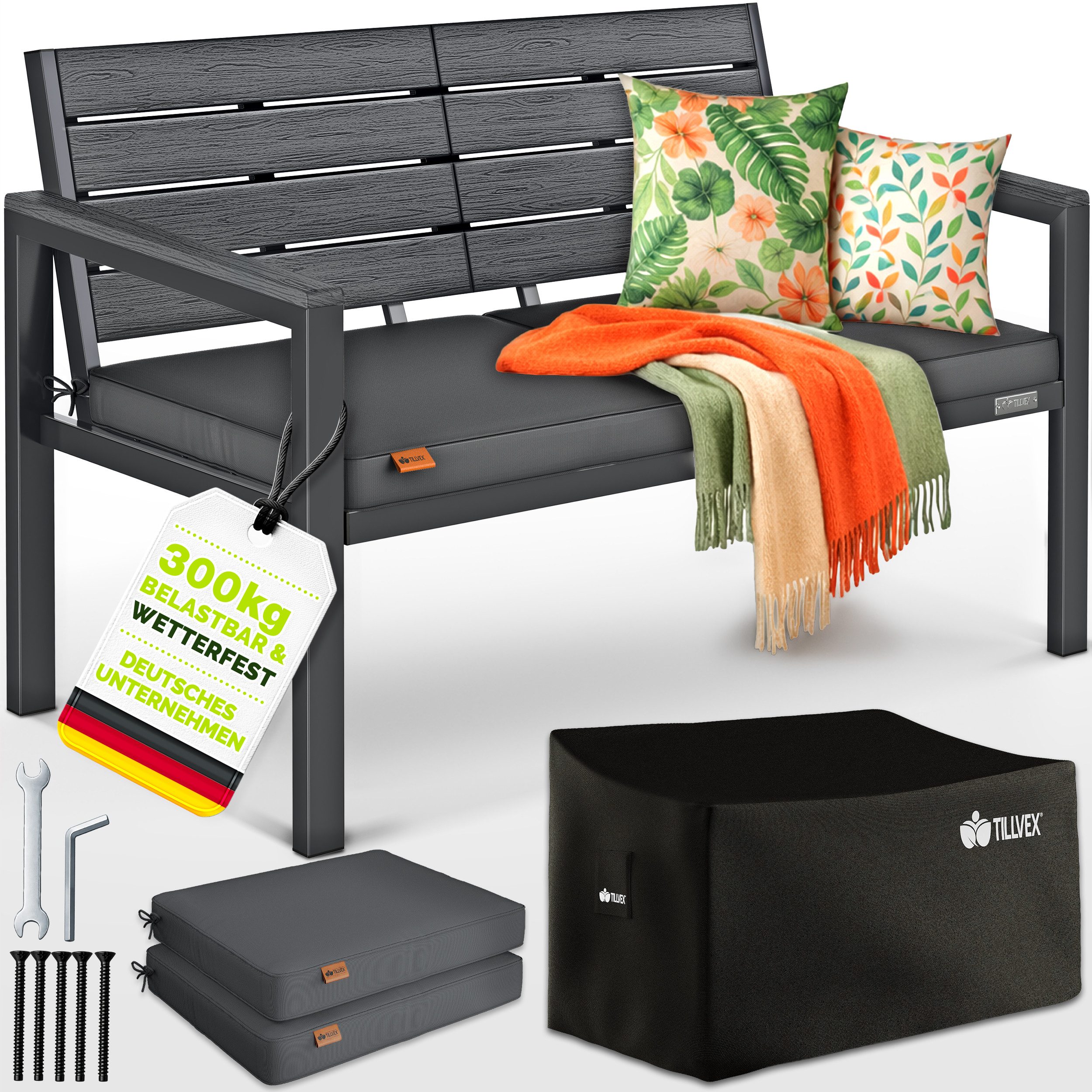 tillvex Gartenbank tillvex® Gartenbank mit Abdeckung & Kissen in Holzoptik bis 300kg (Garten Terrasse Balkon mit waschbarem Bezug, Parkbank in Holzoptik belastbar UV-beständig Sitzbank), Wetterfest 2-3 Sitzer mit Abdeckung & Kissen bis 300 kg