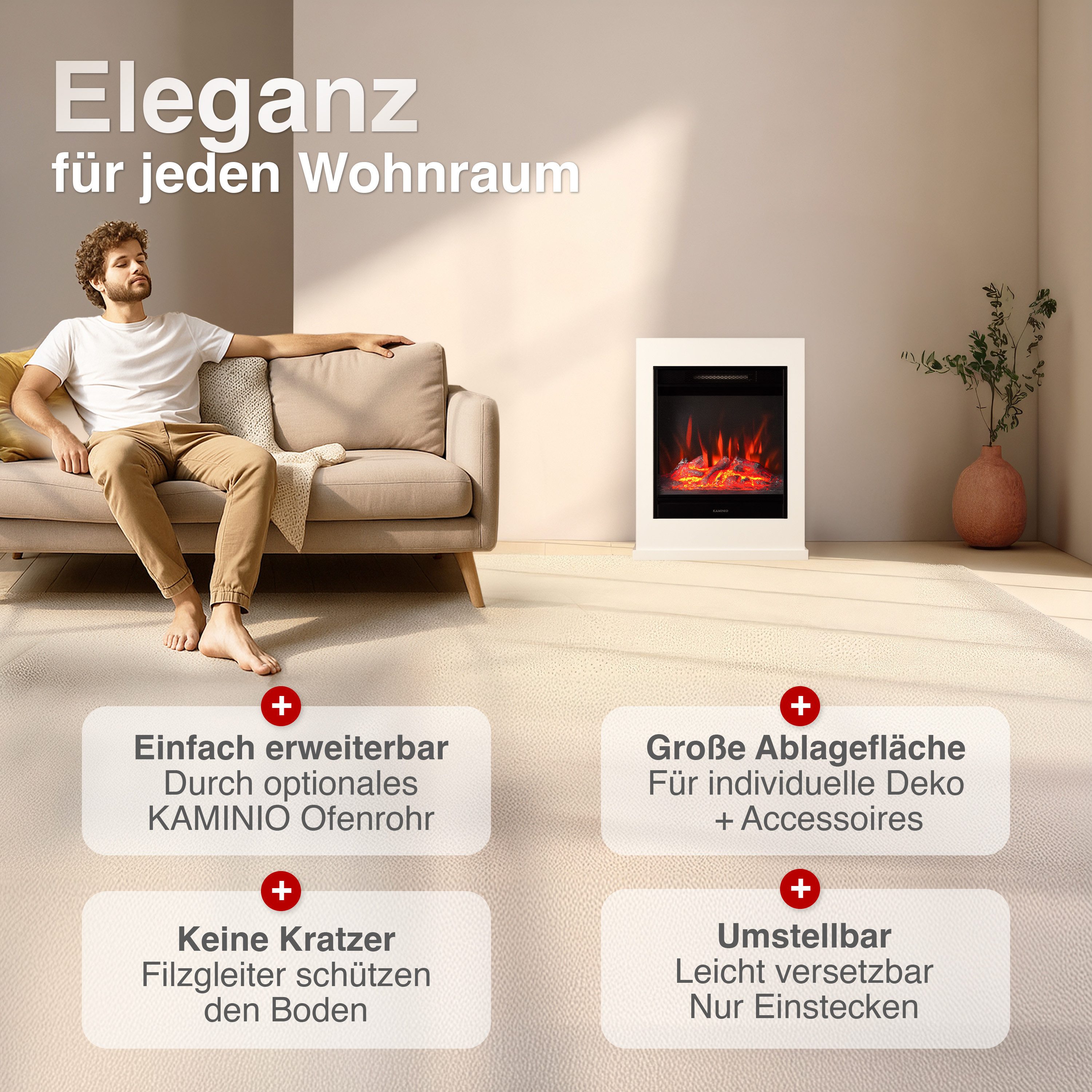 KAMINIO Elektrokamin KALLE, Elektrischer Kamin mit 3D-Flammeneffekt, Heizung 1800W