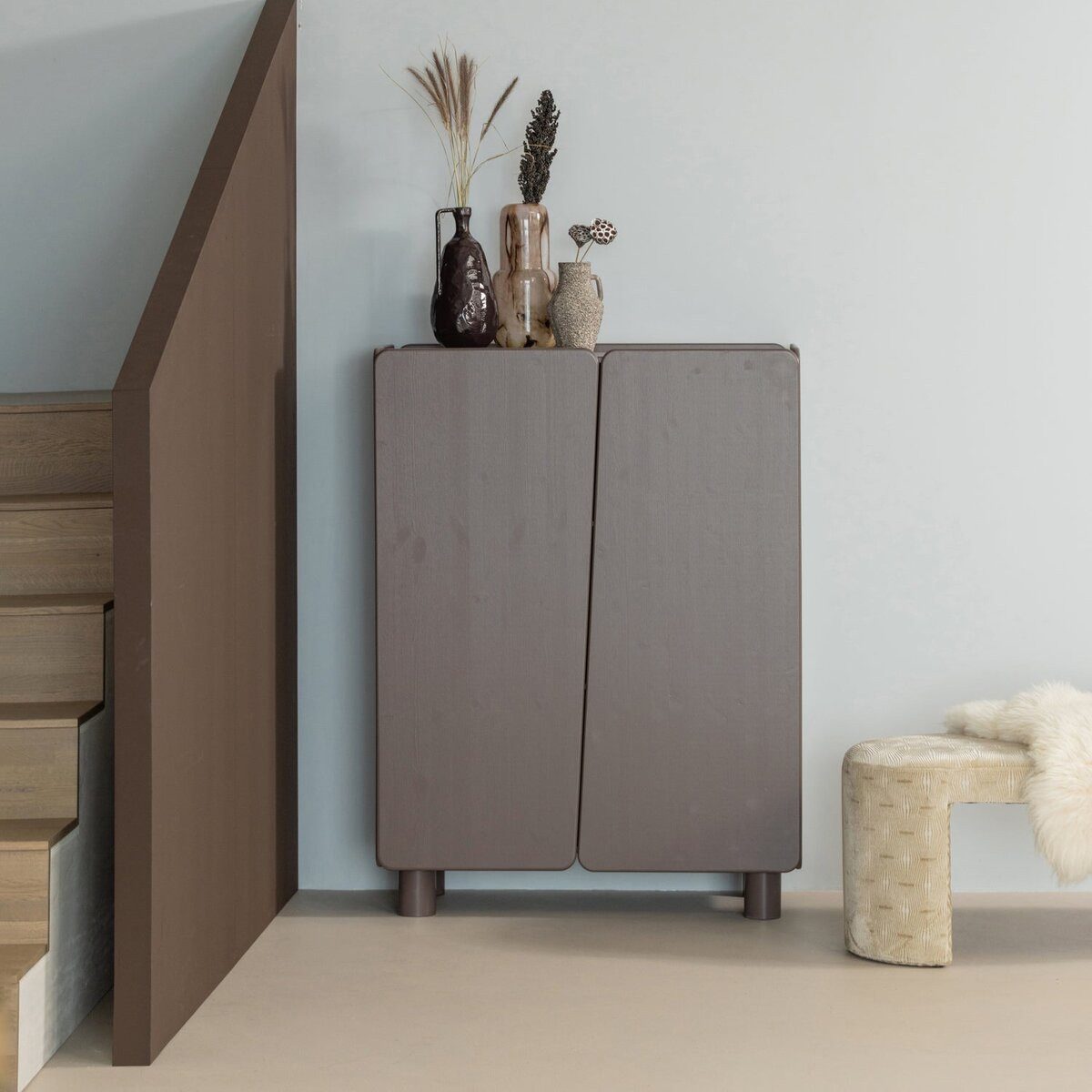 WOOOD Highboard Root - Kiefernholz Truffel Braun, 100 cm, Freundliche abgerundete Ecken