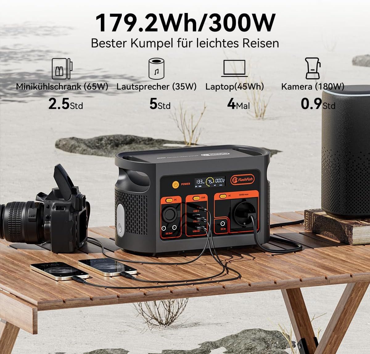 Flashfish Stromerzeuger 300W Tragbares,179,2Wh LiFePO4 Akku, Schnellladung 0–80% in 1, 0,3 in kW, Multifunktions Solar Generator für Camping, Draußen, Reisen, Notfälle