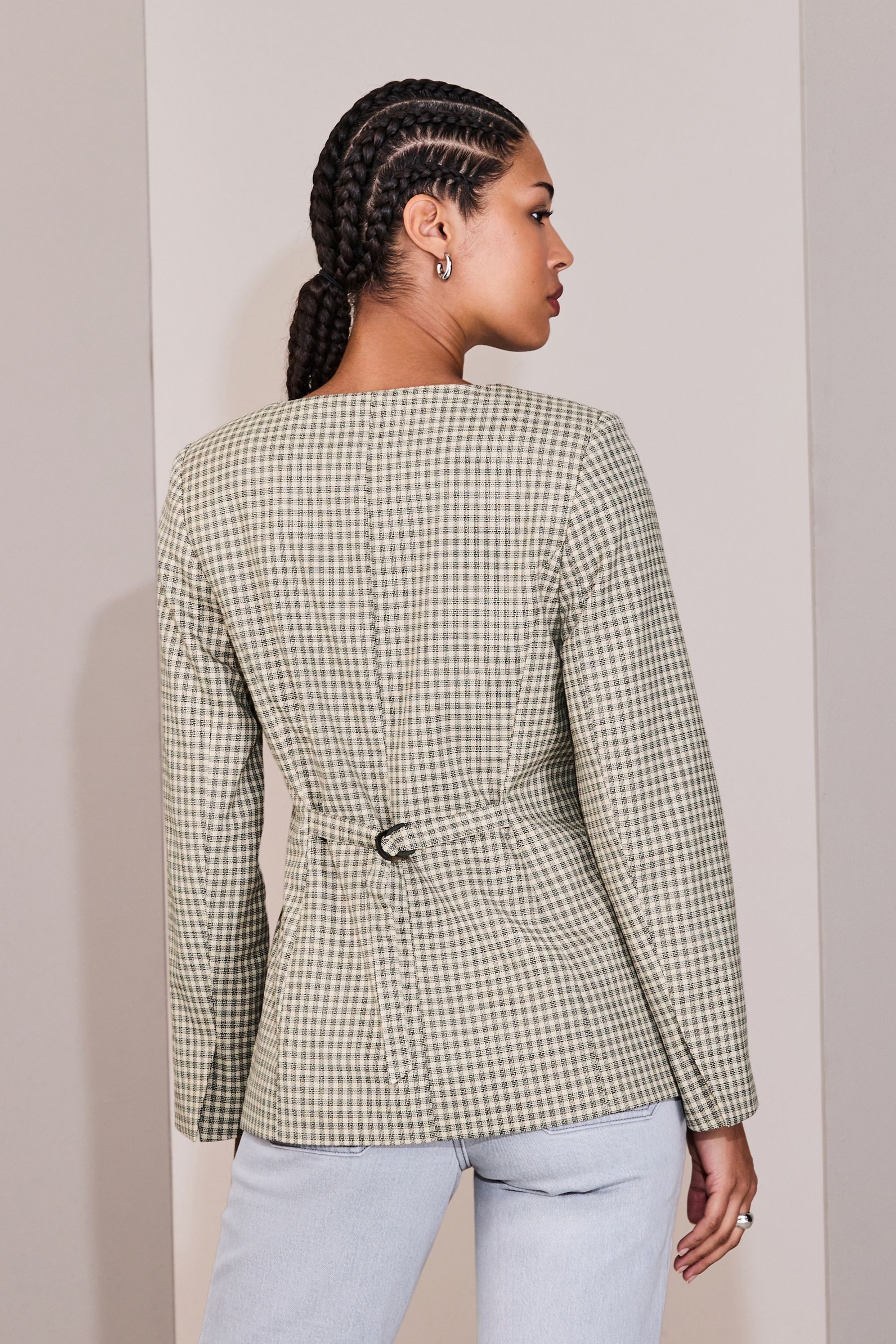 Next Jackenblazer Karierte Jacke ohne Kragen (1-tlg) – Bild 2 von 5