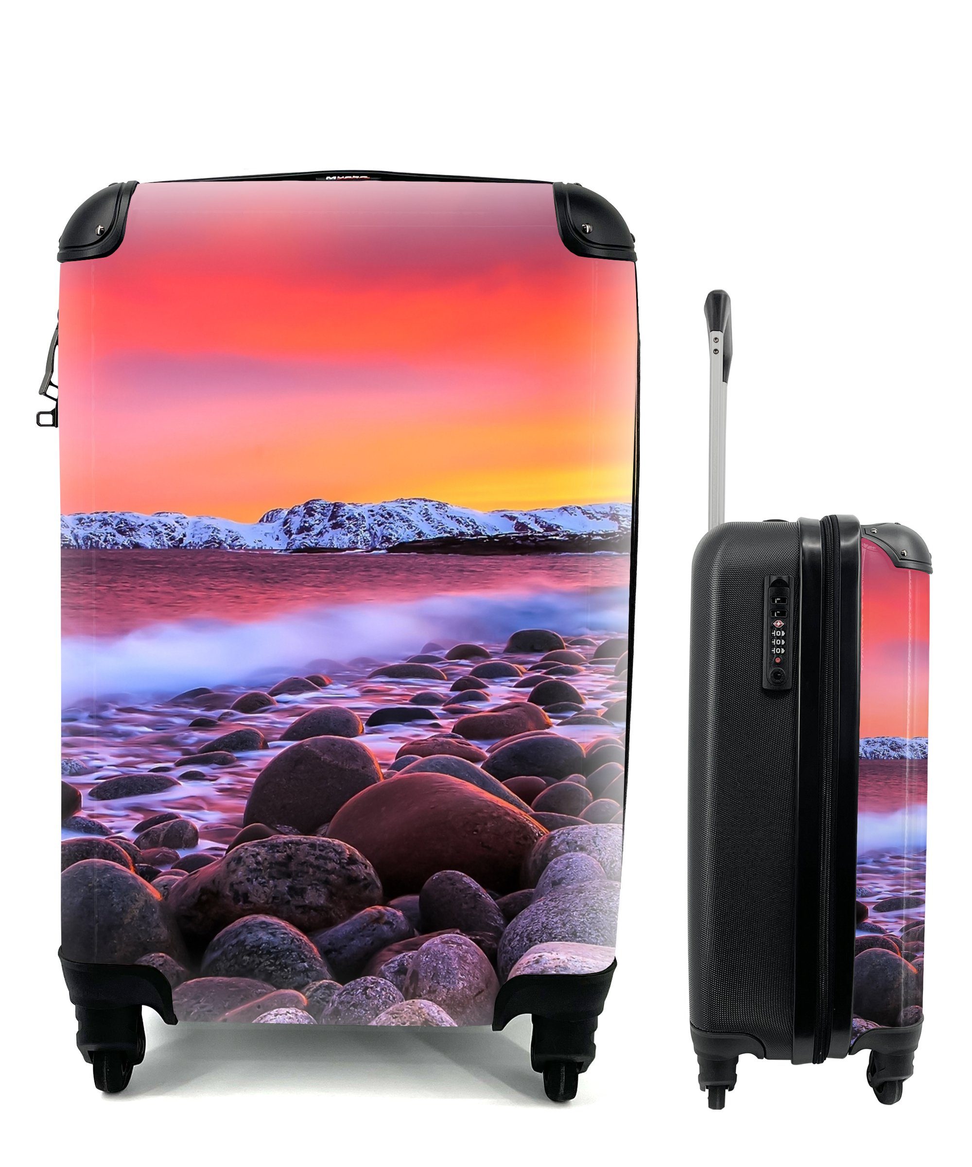 MuchoWow Handgepäckkoffer Sonne - Steine - Schnee - Landschaft - Wasser, 4 Rollen, Reisetasche mit rollen, Handgepäck für Ferien, Trolley, Reisekoffer