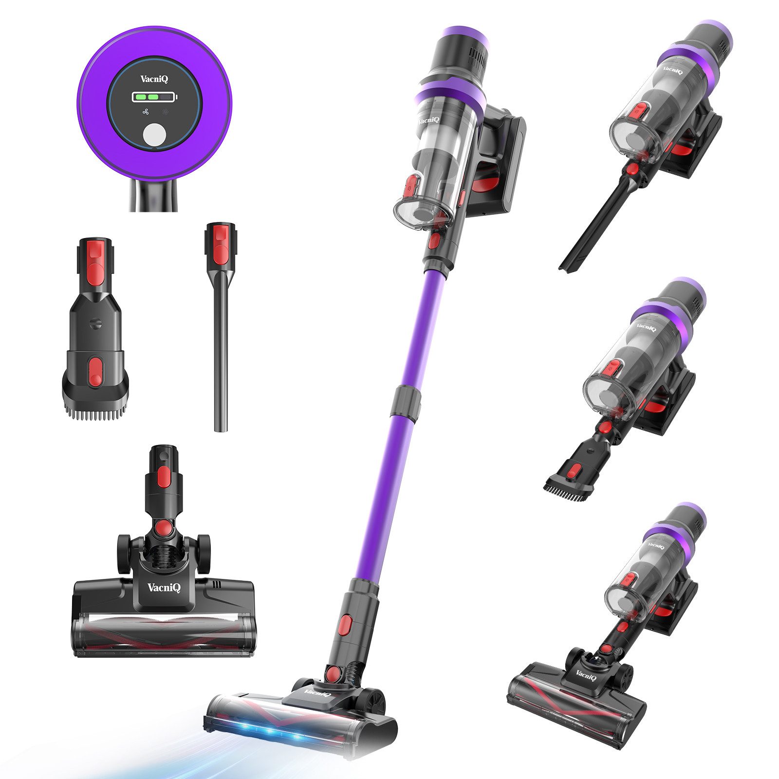VacniQ Akku-Hand-und Stielstaubsauger kabellos, 35000Pa/465 W Akkusauger beutellos, 0,8 L, Anti-Tangle,LED, 465 W, beutellos, 5-stufiger Filter, für Tierhaare, Teppich & Hartboden