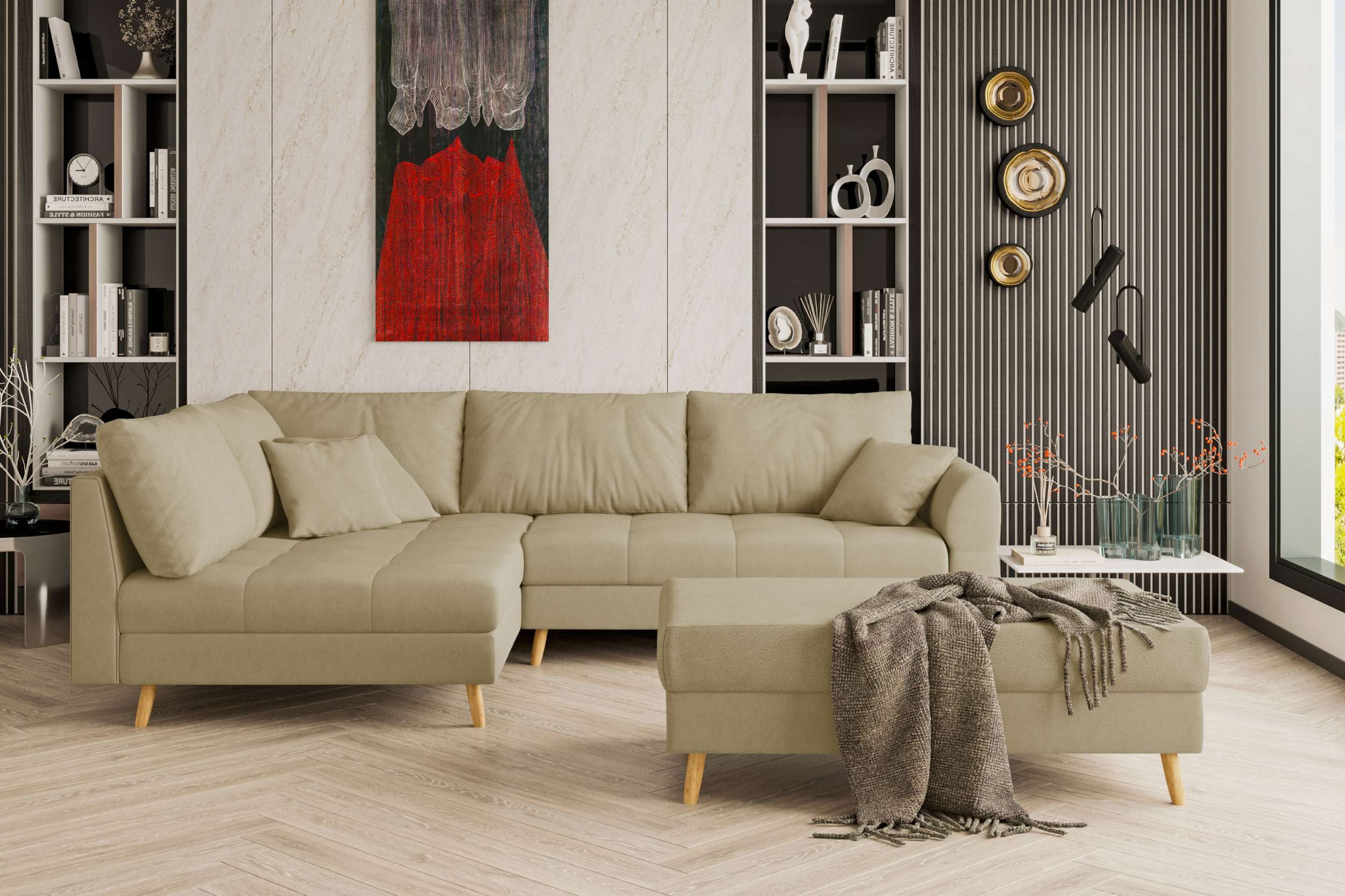 99rooms Ecksofa Bello, Sofa L-Form mit Hocker, links oder rechts bestellbar, mit Hocker, Rückenkissen, Holzfüße