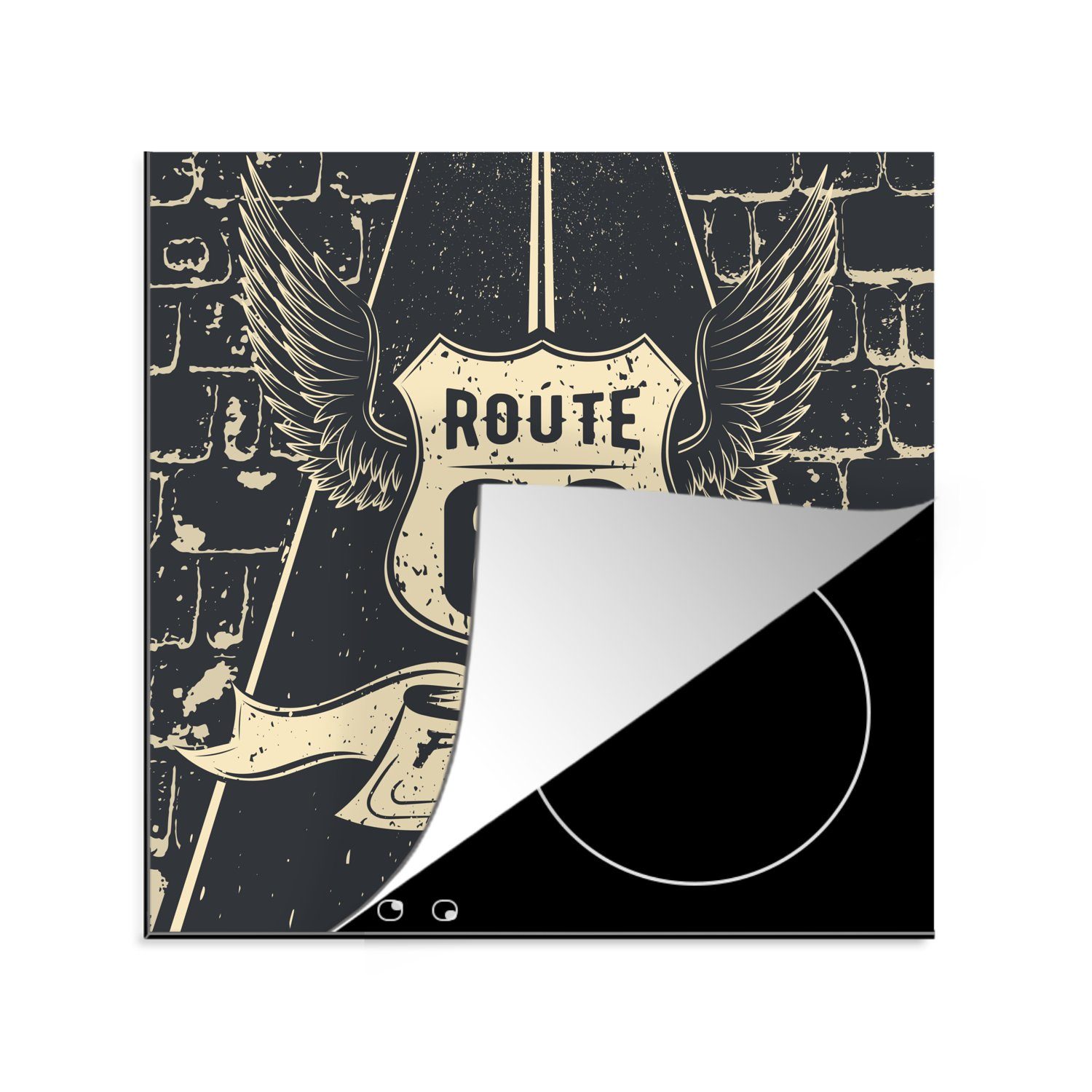 MuchoWow Herdblende-/Abdeckplatte Route 66 - Vintage - Schwarz - Weiß, Vinyl, (1 tlg), 78x78 cm, Ceranfeldabdeckung, Arbeitsplatte für küche