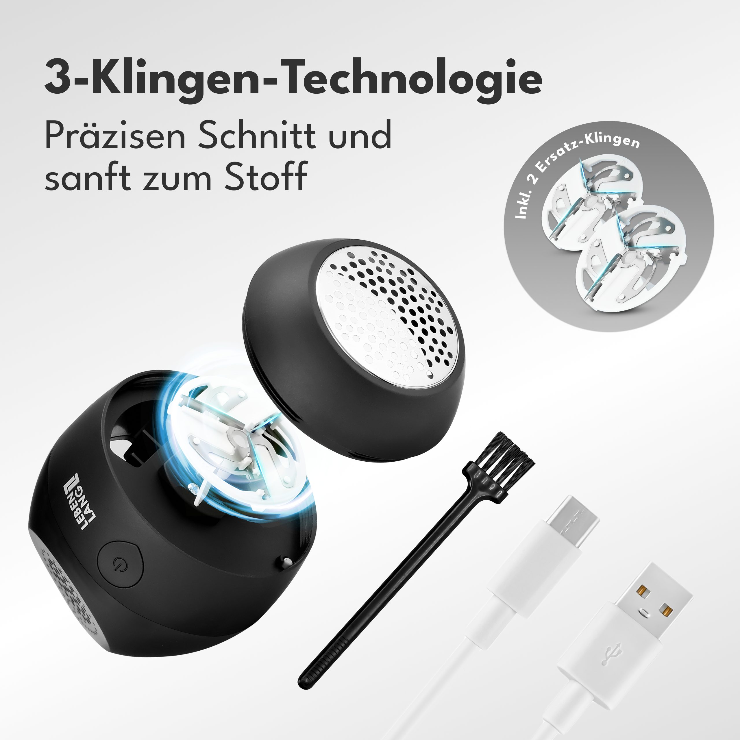 Lebenlang Fusselrasierer elektrischer Mini-Entfussler - Perfekt für Unterwegs, 400mAh - Inkl. Ersatzklingen & Reinigungspinsel