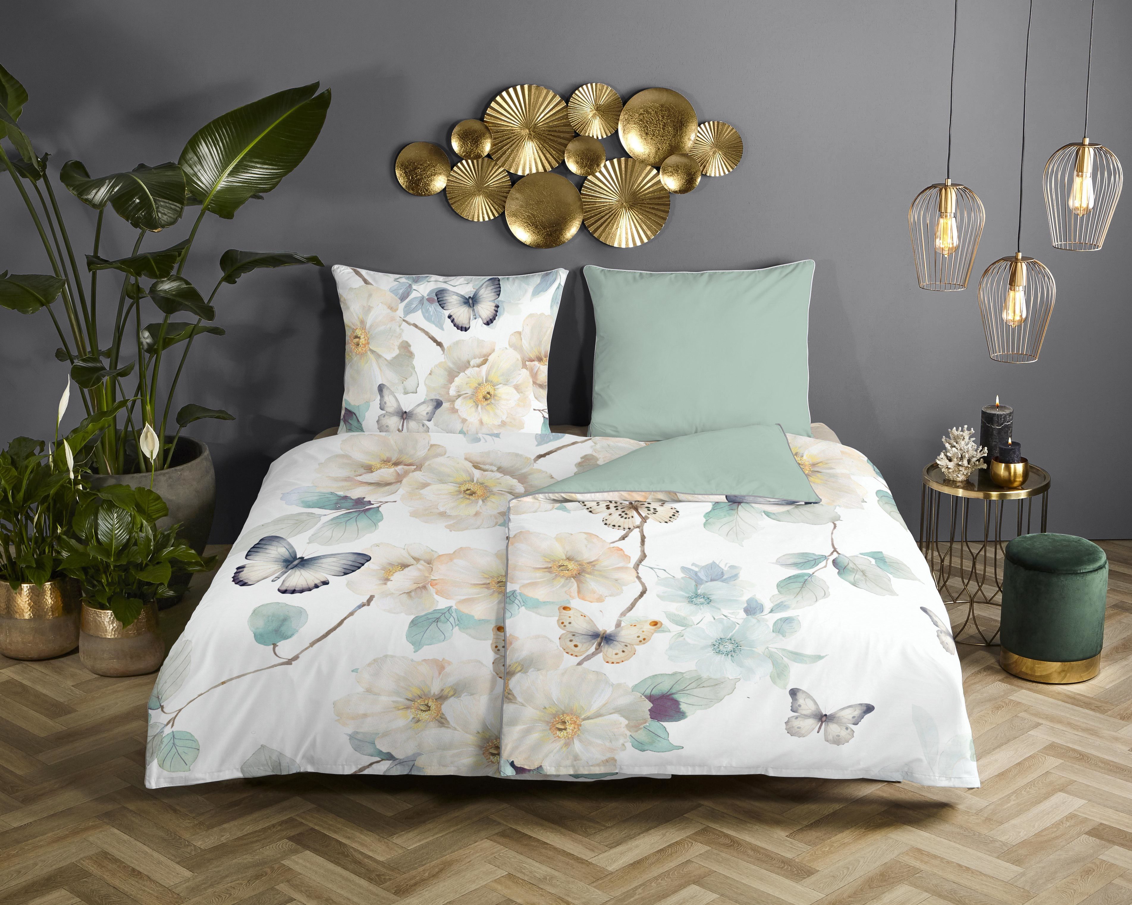 Descanso Wendebettwäsche Adiwanya, Mako-Satin, Renforcé, Satin, 2 teilig, Satin, Reißverschluss, Paspel, Biese, Wendeoptik, Luxe, Blumen, weiß – Bild 2 von 5