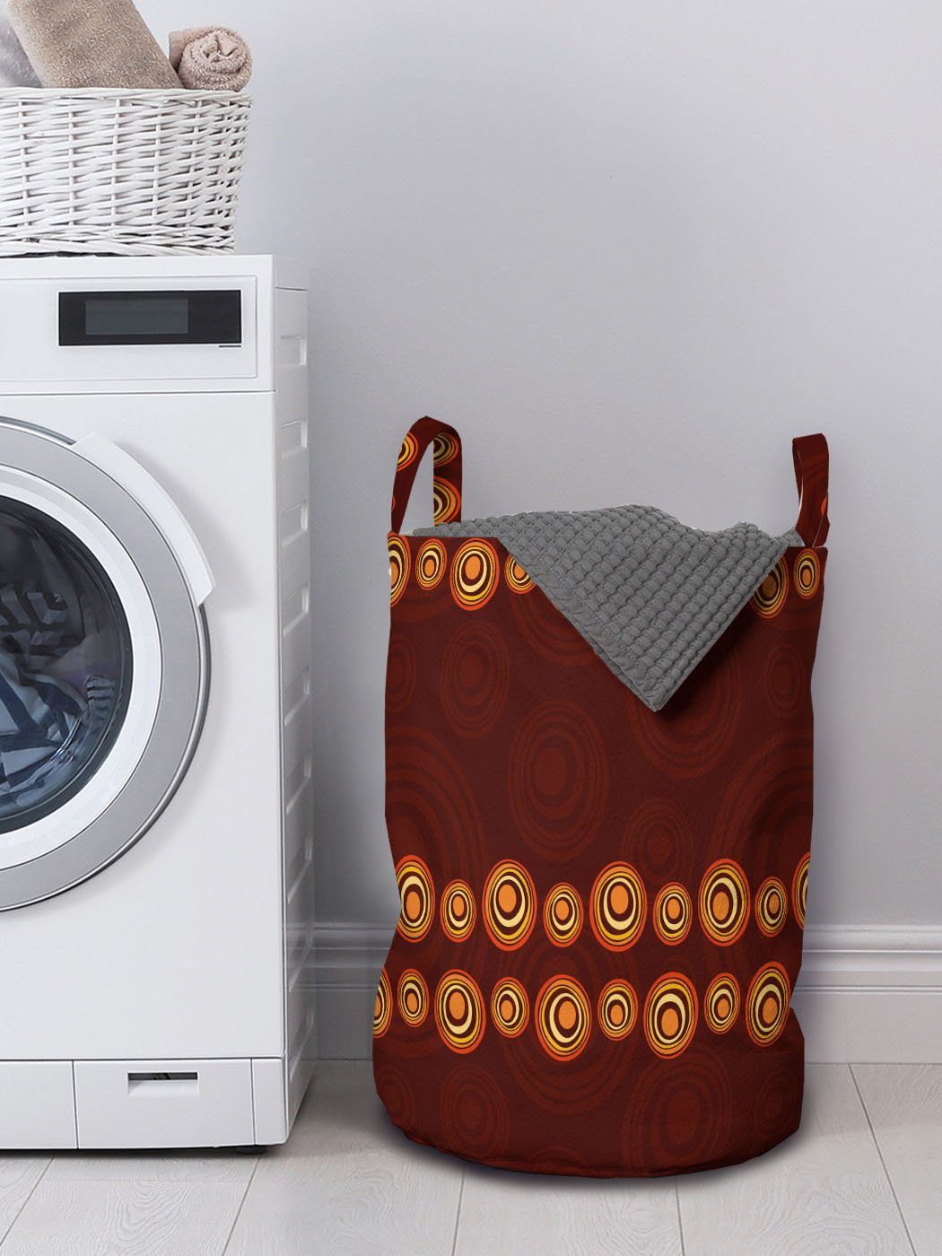 Abakuhaus Wäschesäckchen Kreise für Kordelzugverschluss Geometrisch Waschsalons, mit Asymmetrische Tribal Wäschekorb Griffen