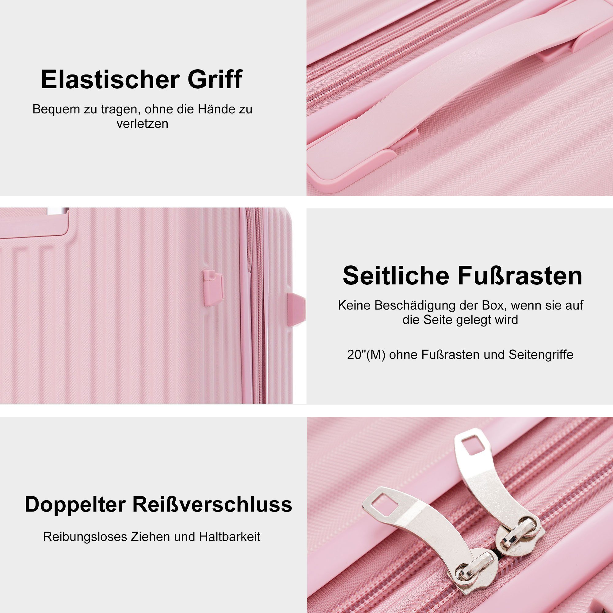 Ulife Trolleyset Kofferset Handgepäck Reisekoffer TSA (3 Zollschloss, 4 Rollen, Rosa ABS-Material, tlg)