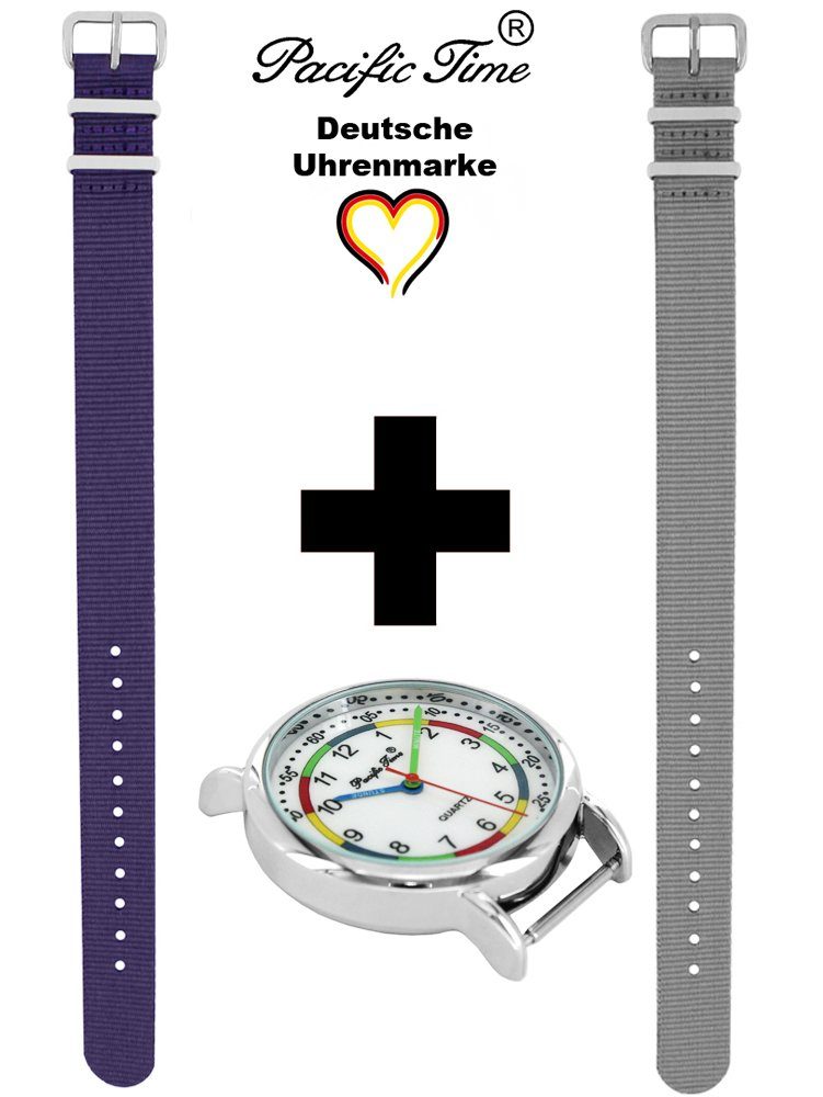 Pacific Time Quarzuhr Set Wechselarmband, Design und Mix - Lernuhr Gratis First grau und Versand Match Armbanduhr Kinder violett