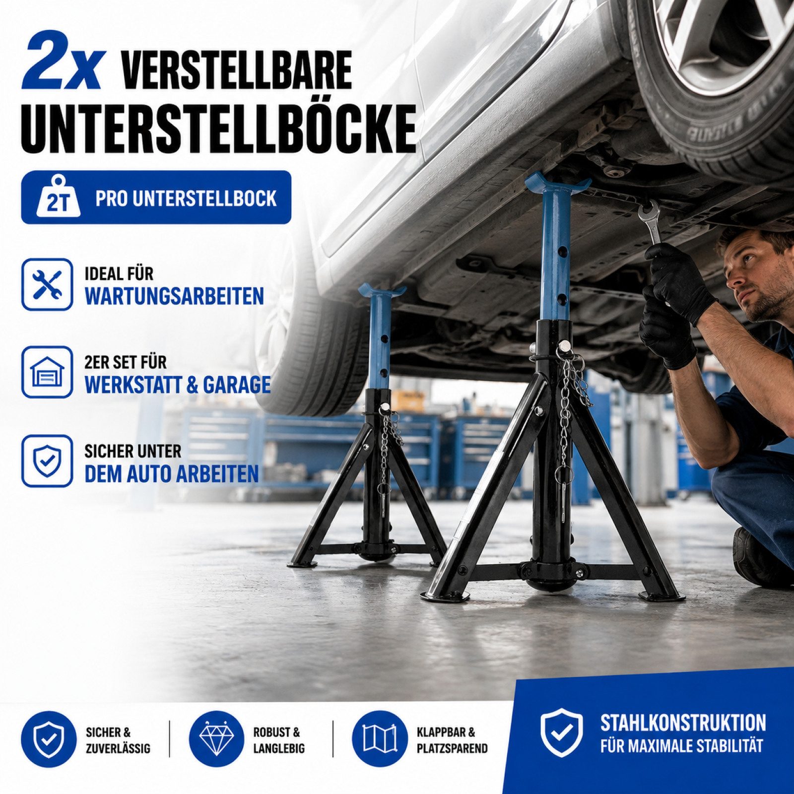 Bituxx Unterstellbock Unterstellböcke 2000 kg Schwarz / Blau, 2000 kg max. Belastbarkeit, (Set, 2-St., MS-19921) – Bild 3 von 5