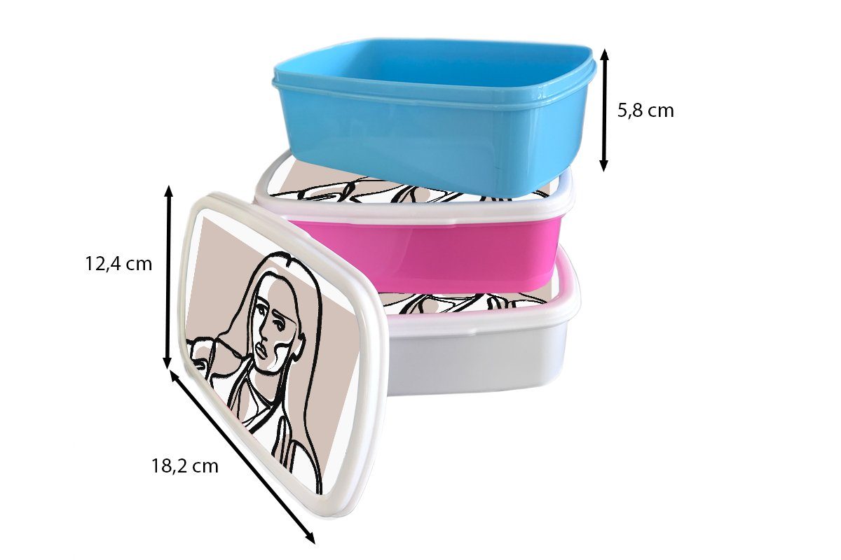 Lunchbox Kinder, Porträt Pastell, Brotdose - MuchoWow für - rosa Brotbox Kunststoff, Strichzeichnung Mädchen, Kunststoff (2-tlg), - Erwachsene, Snackbox, Frau