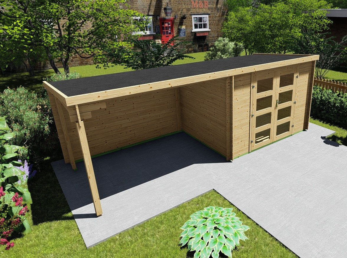Finn Art Blockhaus Gartenhaus Flachdach 6x2,4m Holz Funny 4 in 28mm Wandstärke, BxT: 298x240 cm, ohne Fußboden mit Anbau, mit Premium Dachbahn selbstklebend – Bild 5 von 5
