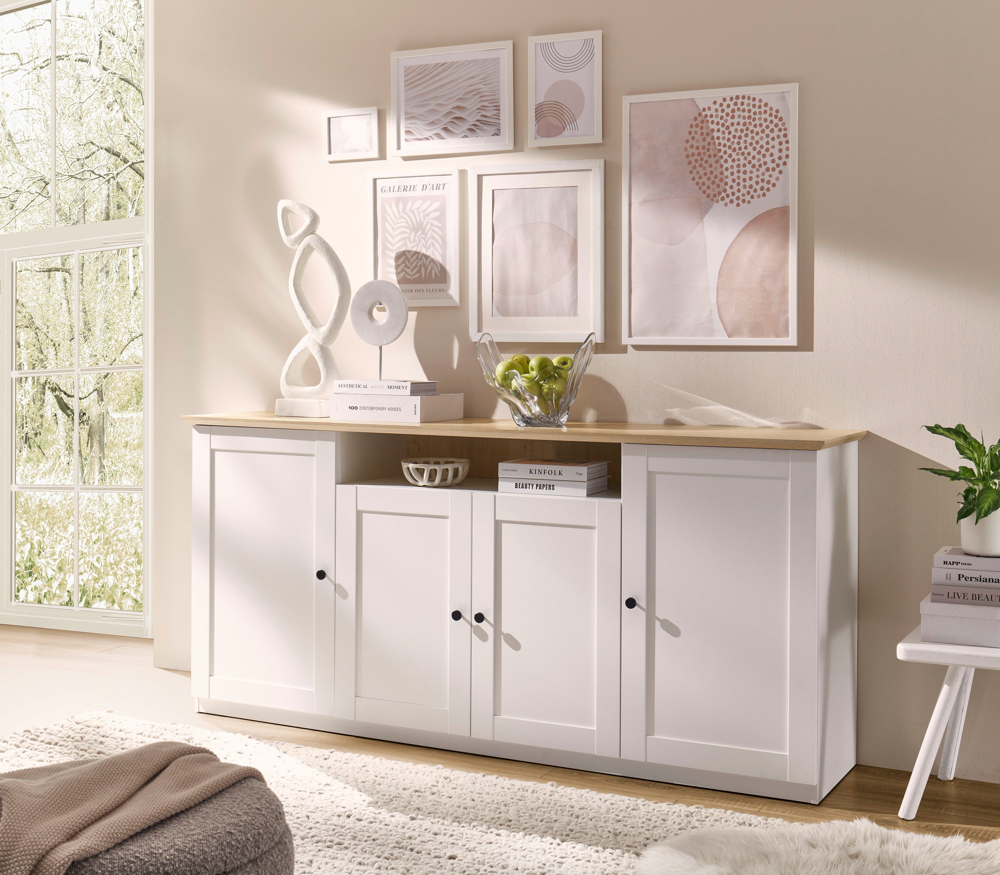 OTTO home Sideboard Brest, Schrank im Landhausstil, Kommode, zeitloses Stauraumelement, schwarze Metallgriffe, ausreichend Stauraum, 204 cm breit