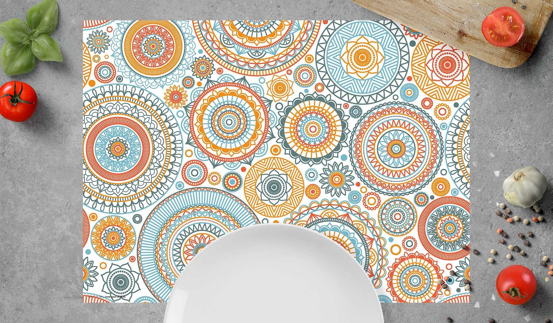 cover-your-desk.de Platzset Tischset, Platzset abwaschbar - Mandala mit Kreisen - aus Premium Vinyl (Kunststoff - BPA-frei) - 4 Stück - 44 x 32 cm - rutschfeste Tischdekoration!, (4-St)