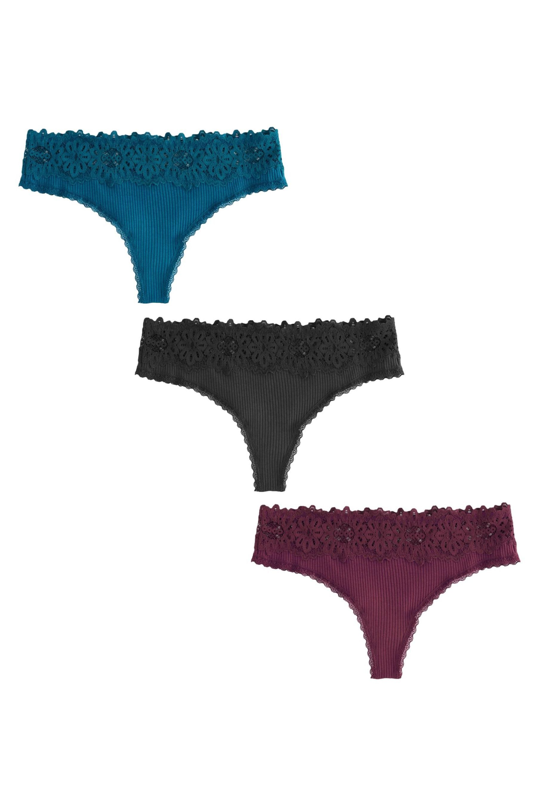 String Gerippte Slips mit Spitzenrand im 3er-Pack, Tanga