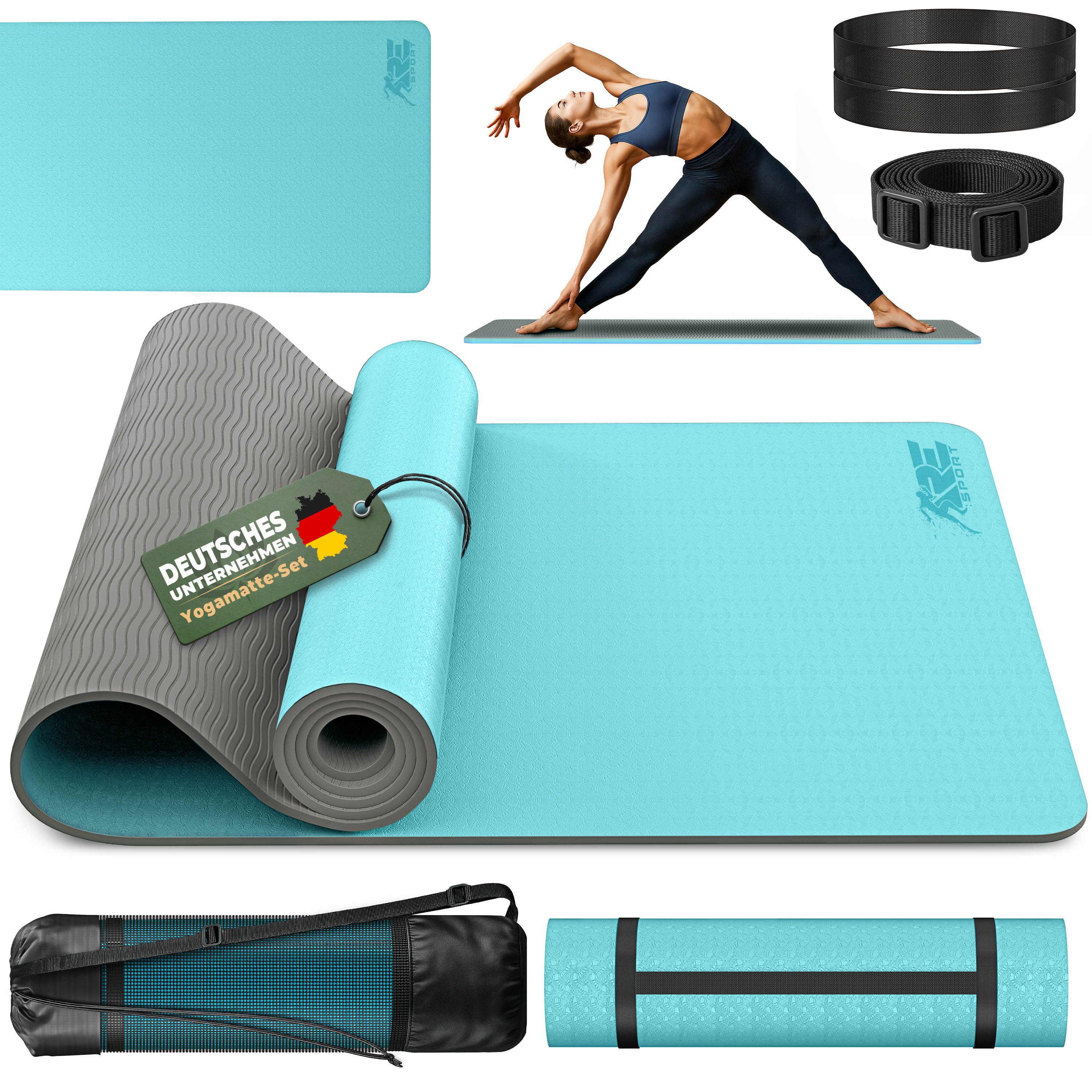 RE:SPORT Gymnastikmatte 183 x 61 x 0,6 cm mit Tragetasche Yogamatte TPE Fitnessmatte (rutschfest), Trainingsmatte mit Tragegurt Fitness Gymnastik Pilates Workout