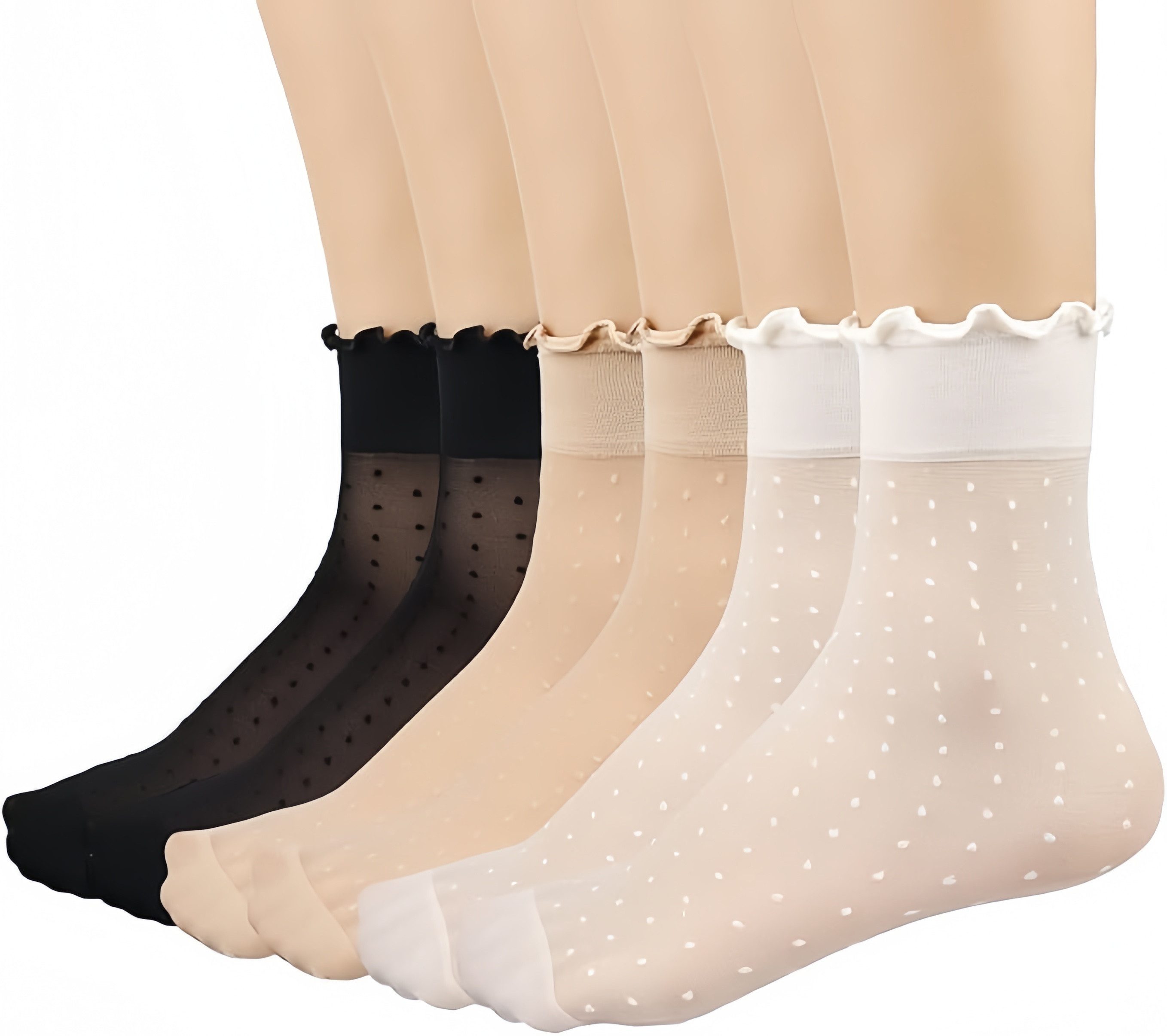 FOUORTUNATE-BEE Freizeitsocken Damen Socken transparent mit Punkten Spitze dünn Sommer 12 Paar Set Feine Damen Socken Set Büro Freizeit Alltag leicht modisch bequem