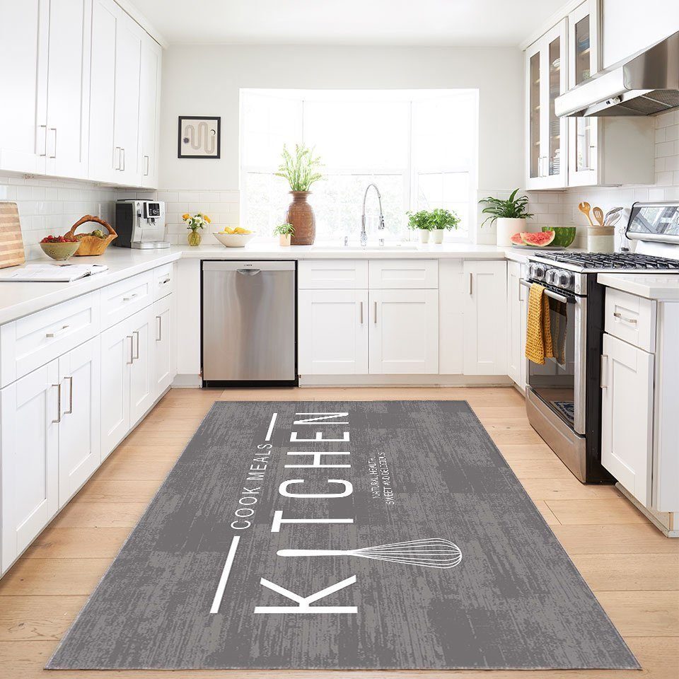 Teppich Flach Küchenläufer in Grau Küchenmatte 7x Größen Waschbar & Praktisch, Jungengel Textilien, Höhe: 6 mm, Universell einsetzbar, Fußbodenheizungsgeeignet