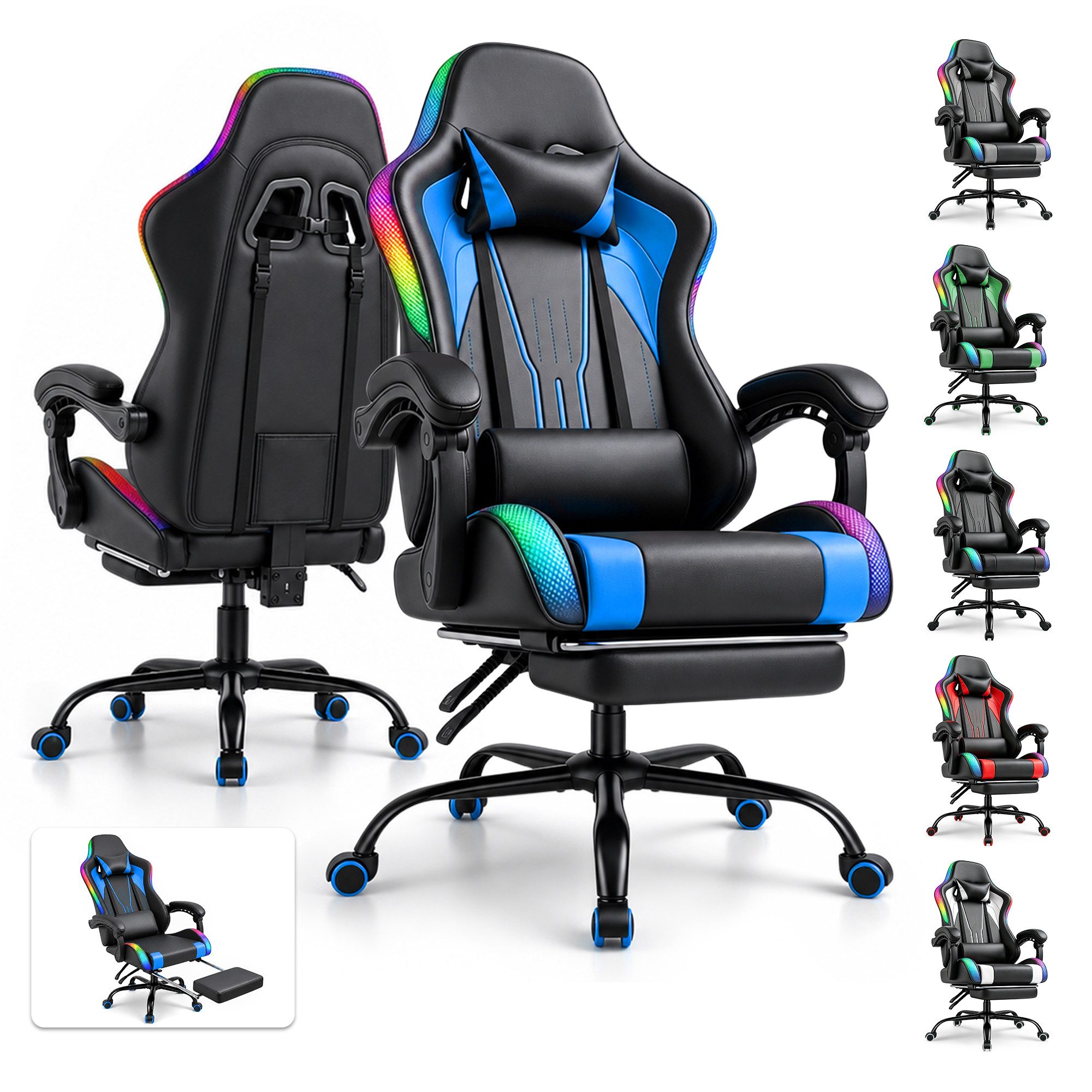 HOMALL Gaming-Stuhl mit LED,Ergonomisch,Fußstütze,computerstuhl,gaming stuhl mit massage, Ergonomischer Bürostuhl,Kopfstütze und Lendenstütze