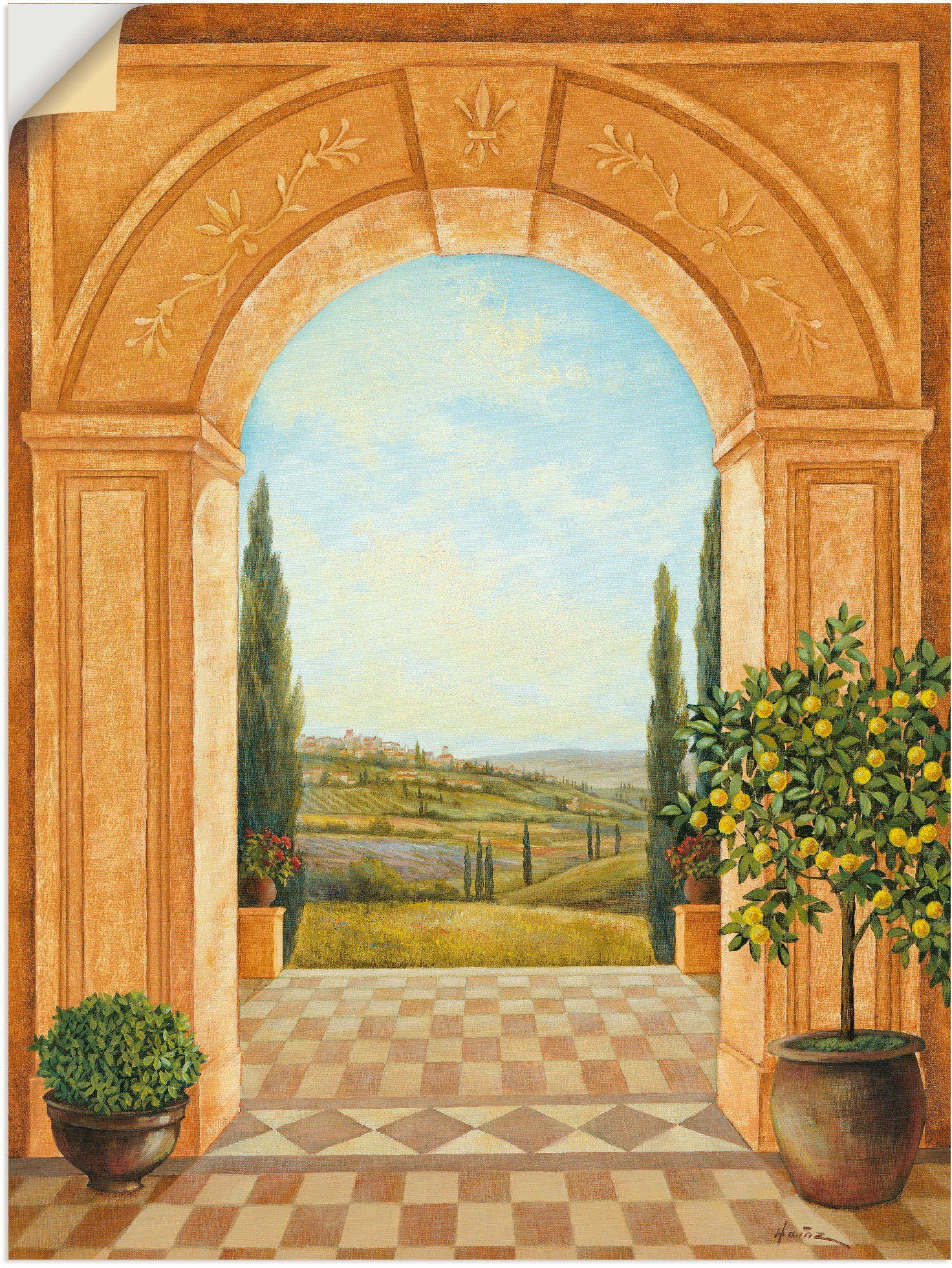Alubild, (1 Poster Leinwandbild, Wandbild in mit Wandaufkleber Größen Artland Ausblick als Fensterblick Zitronenbaum, oder St), versch.