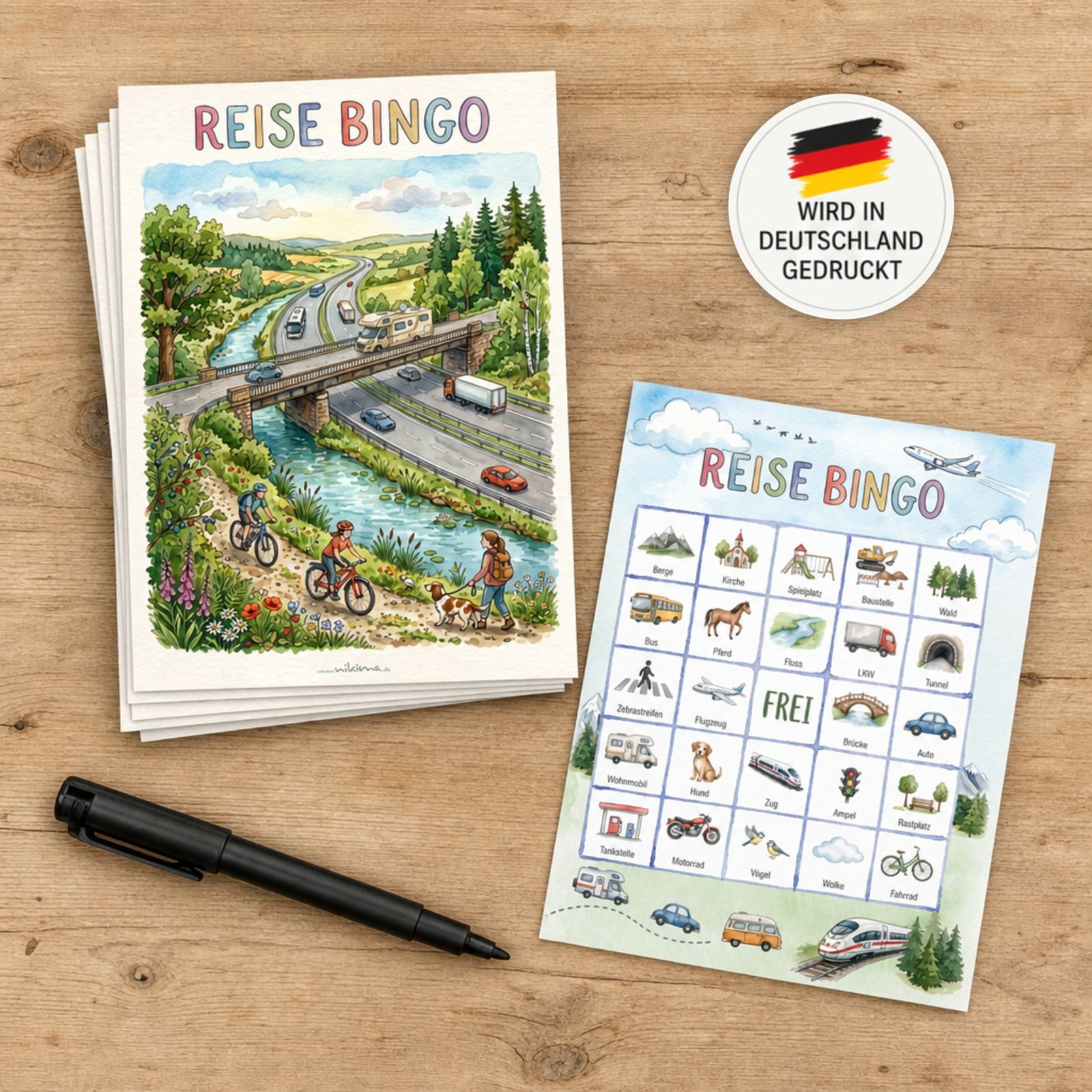 nikima Spiel Reise Bingo – 10 Bingokarten für Kinder, Auto Suchspiel Reisespiel