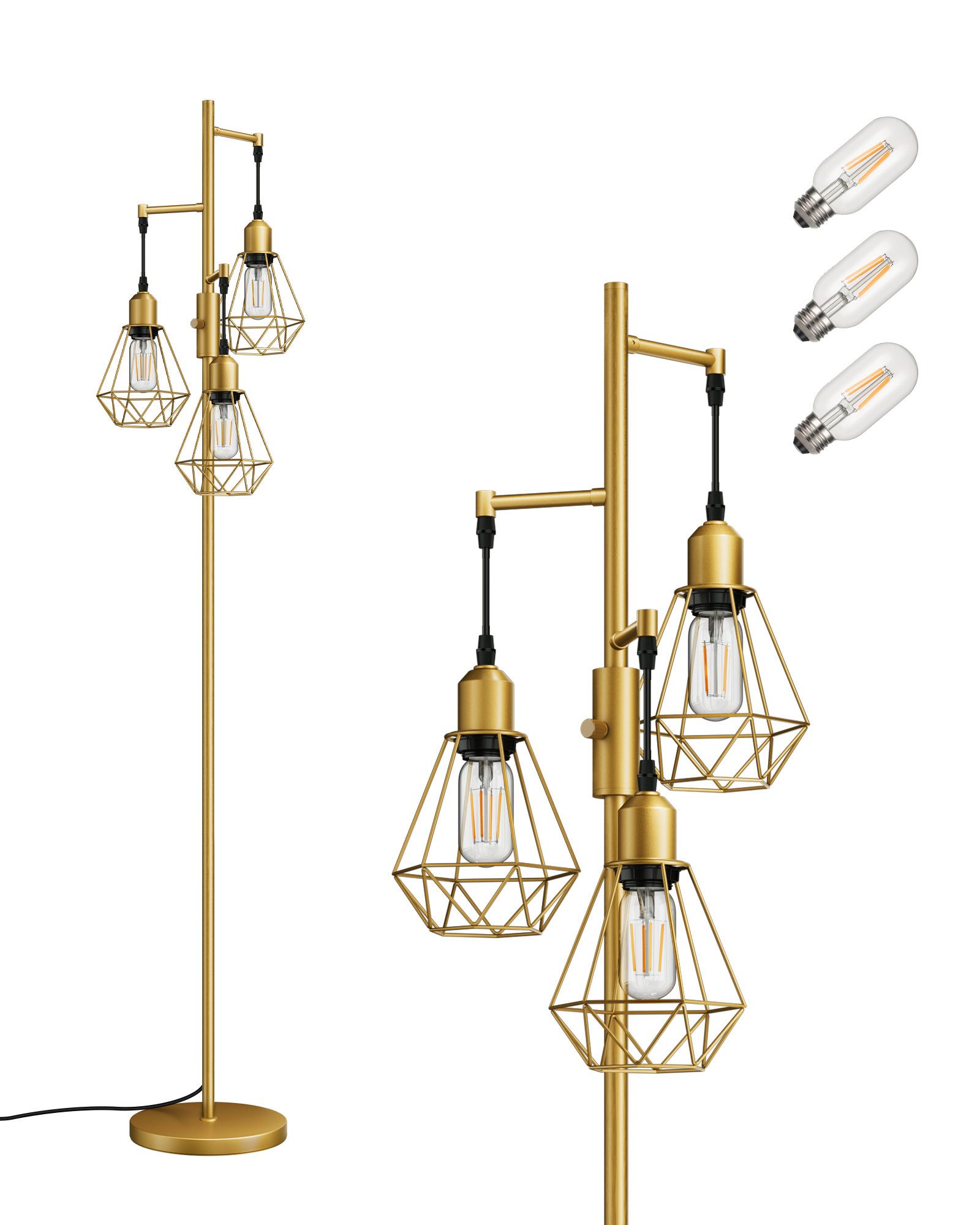 EDISHINE Stehlampe Wohnzimmer, 3-flammige Stehleuchte Dimmbar, LED wechselbar, Warmweiß, 3 Käfig Lampenschirm aus Metall