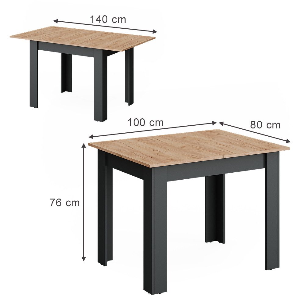 Vicco Esstisch Repose, Anthrazit/Goldkraft Eiche, 100 x 80 cm ausziehbar günstig online kaufen