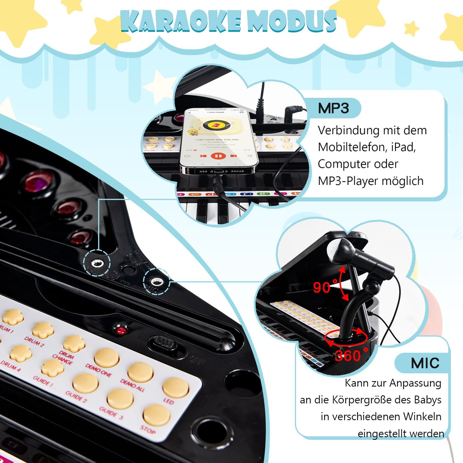 COSTWAY Spielzeug-Musikinstrument 31 Tasten Keyboard, mit Hocker & Mikrofon