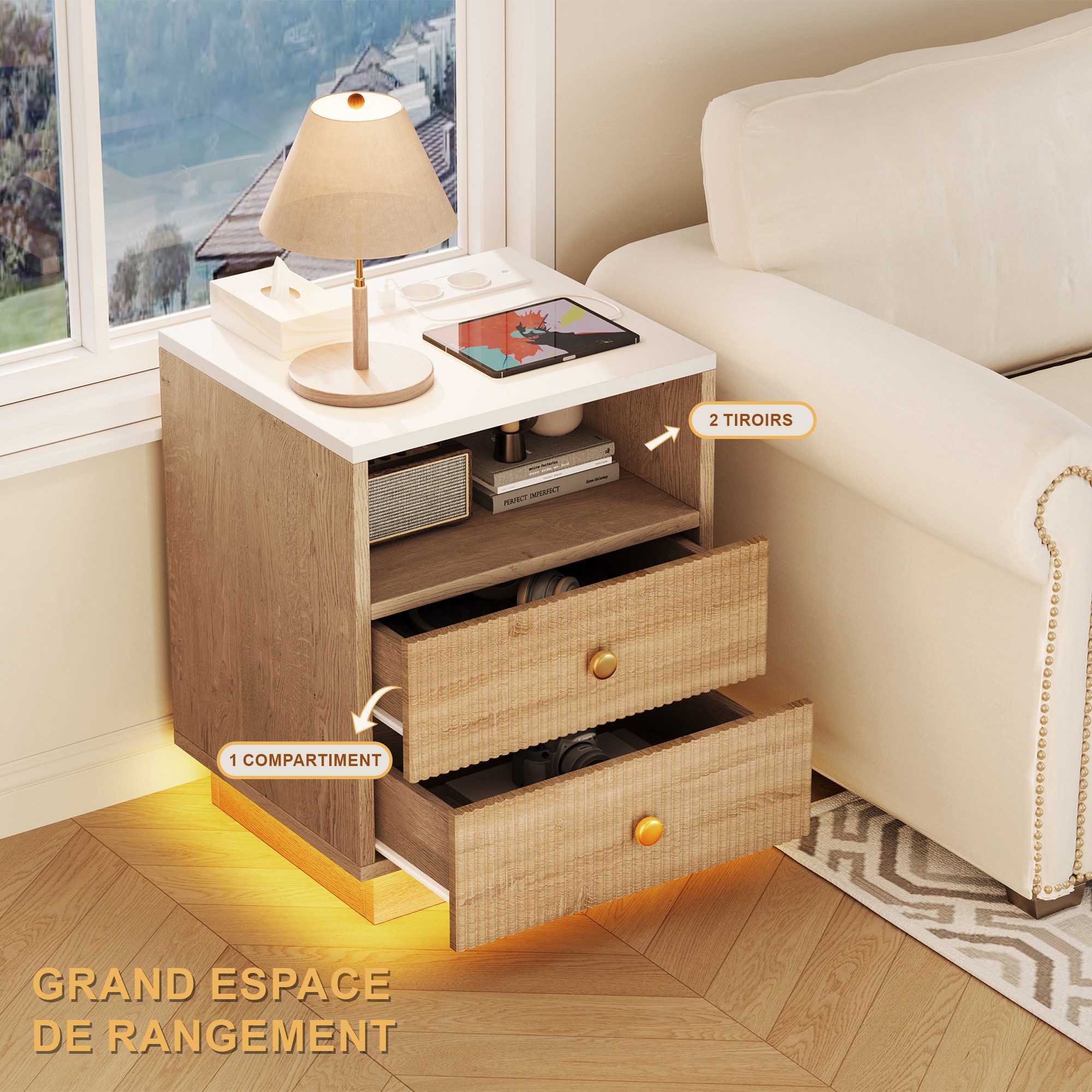 ADWOLT Nachttisch Nachtschrank mit 2 Schubladen (Set, 1-St., 2er Set), Beistelltisch mit Ladestation und LED Offenes Fach – Bild 3 von 5
