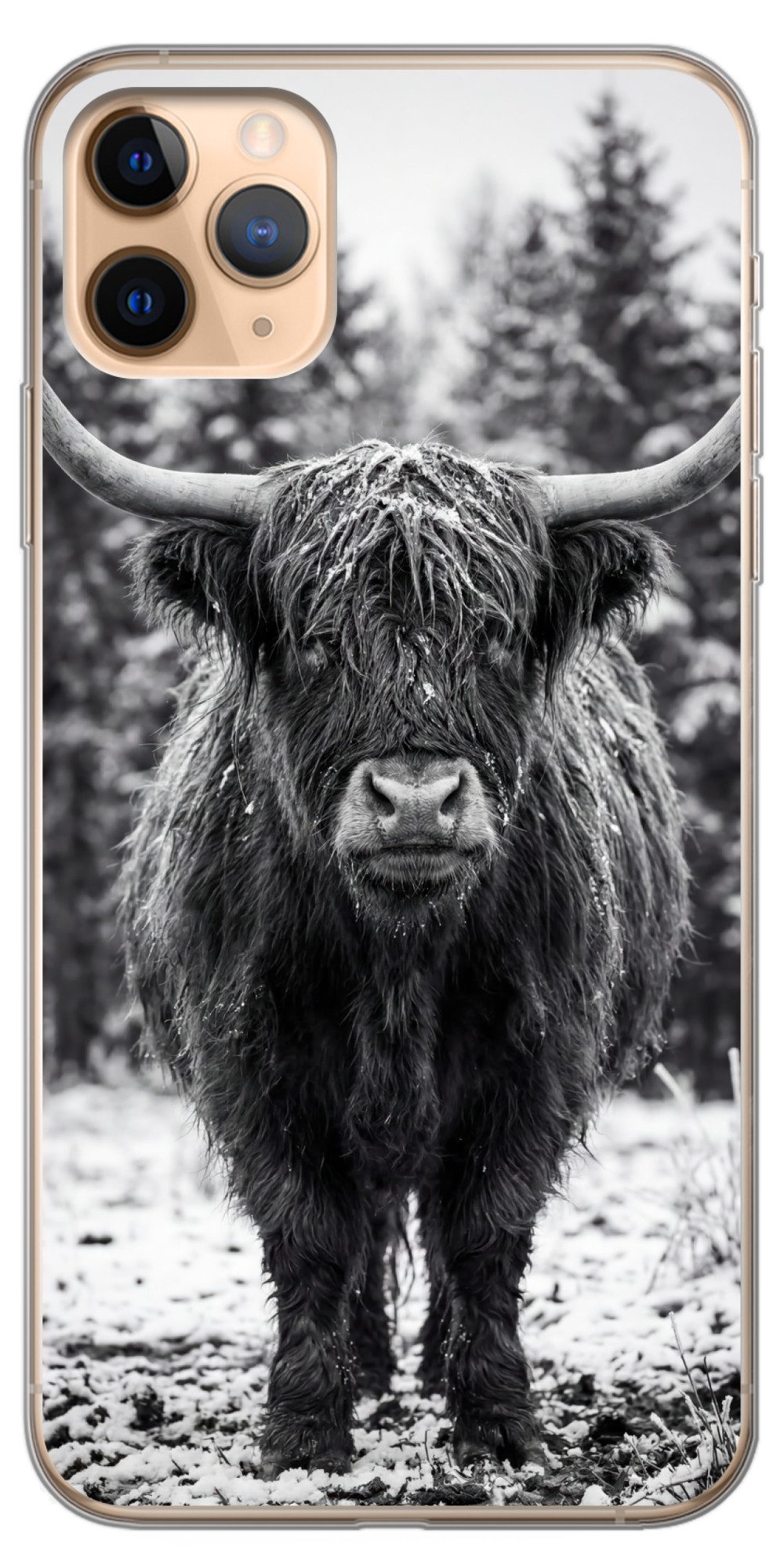 MuchoWow Handyhülle für Apple iPhone 11 Pro Max Schottischer Highlander - Schwarz - Weiß -, Smartphone-Bumper, Print, Handy Schutzhülle Dünn